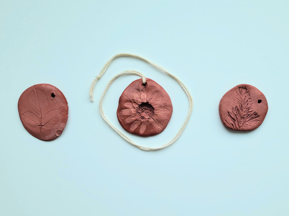 Three clay medallions with impressions of plants in them on a blue background.