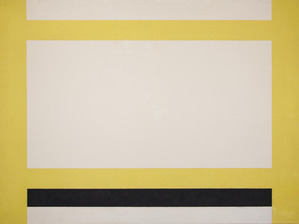 A hard-edge painting with white, yellow, and black lines.