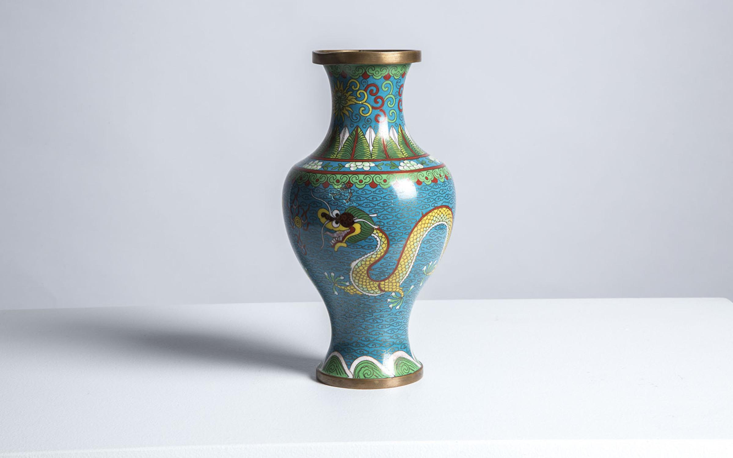 Chinese, blue cloisonné vase with dragons, metal and enamel, UMFA education collection,1994.4.6. Chinese cloisonné vase, metal and enamel