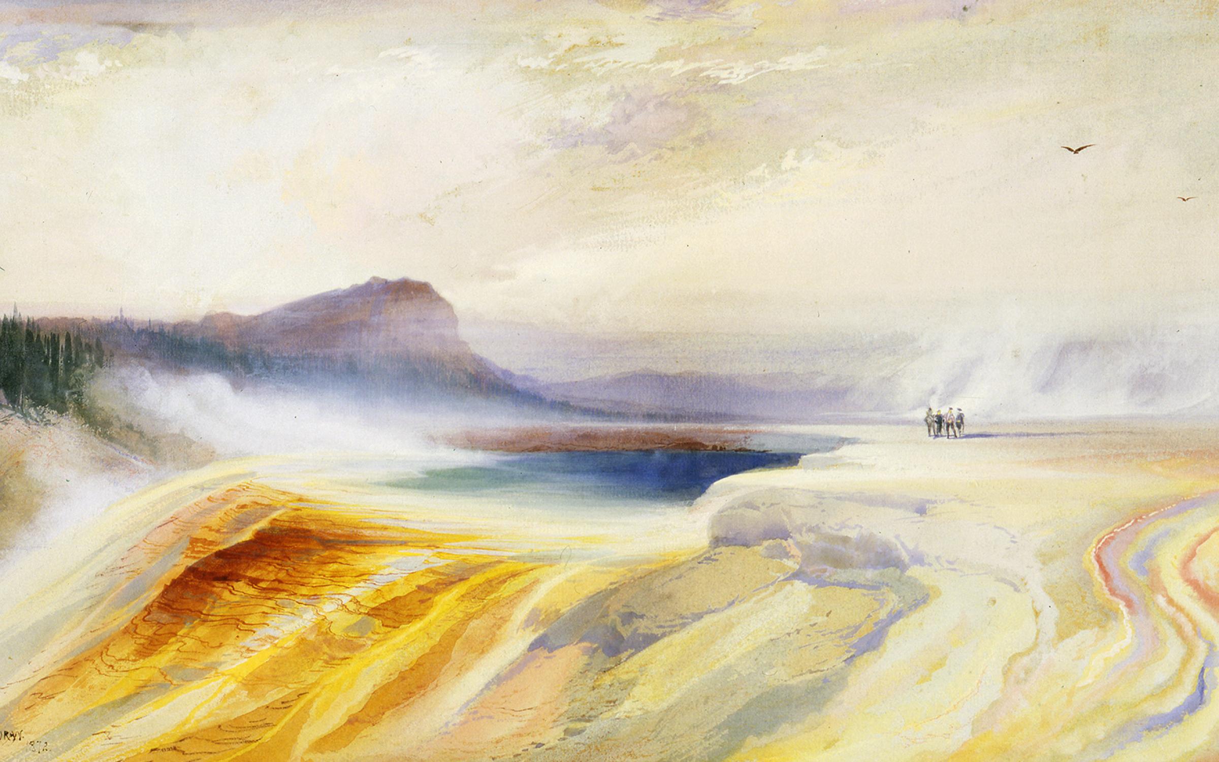 Thomas Moran, "Great Blue Spring of the Lower Geyser Basin, Firehole River, Yellowstone," 1872, watercolor on paper.