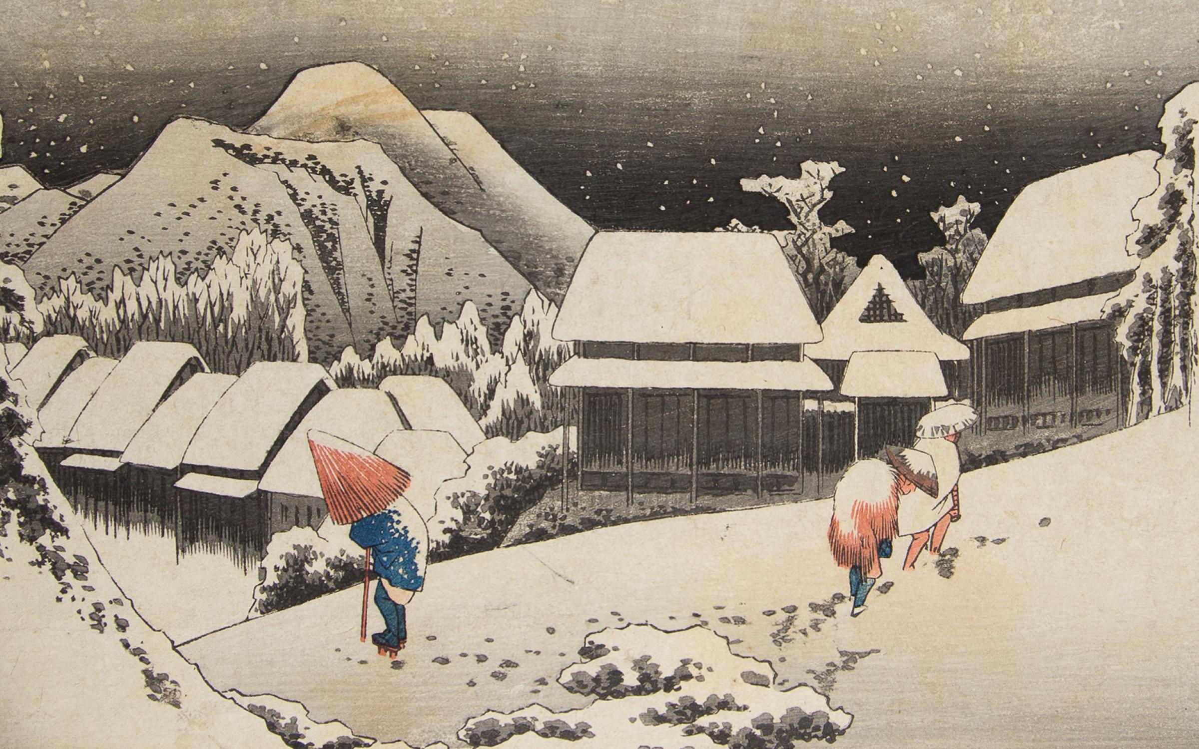 Evening Snow at Kambara Utagawa Hiroshige I, "Evening Snow at Kambara 'No 16 Kambara yoru no yuki'," Japanese, woodcut.