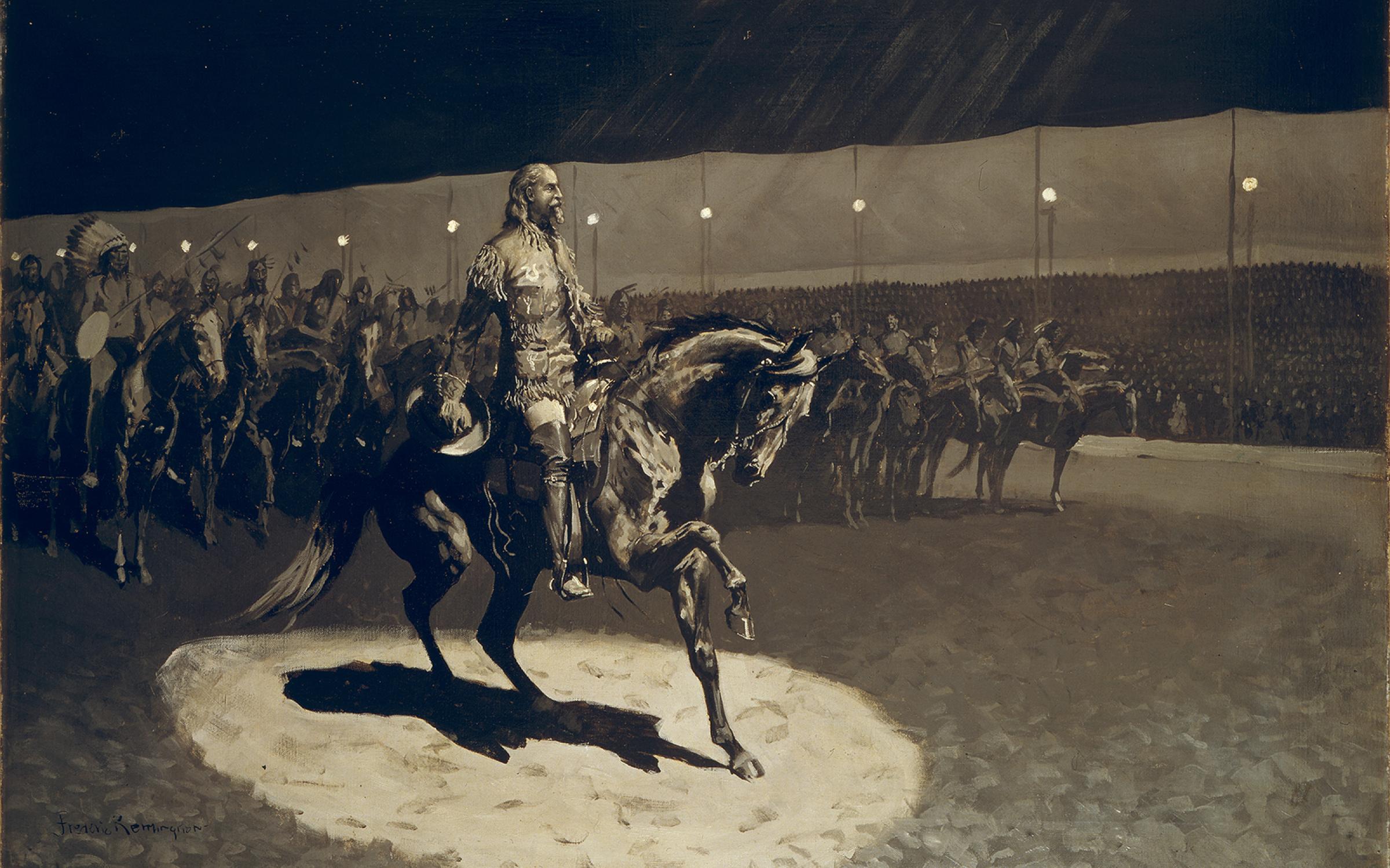 Frederic Remington (American, 1861-1909), Buffalo Bill in the Limelight, ca. 1899 oil on canvas, 35.5 x 48.5 in. (frame), Buffalo Bill Center of the West, Cody, Wyoming, USA, Gift of The Coe Foundation, H. P. Skoglund, Ernest Goppert, Sr., and John S. Bugas 23.71