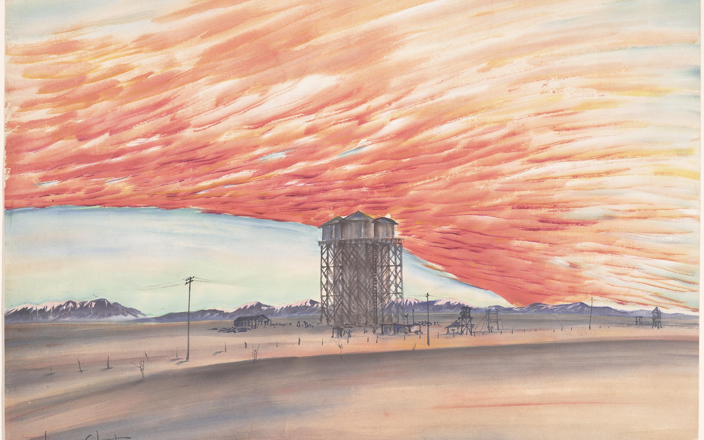 Chiura Obata (American, b. Japan, 1885-1975), Sunset, Water Tower, March 10, 1943, ink, color, and mica on paper, 15 1/4 x 20 1/2., Fine Arts Museum of San Francisco, Museum purchase, gift of the Graphic Arts Council, 2001.28.1