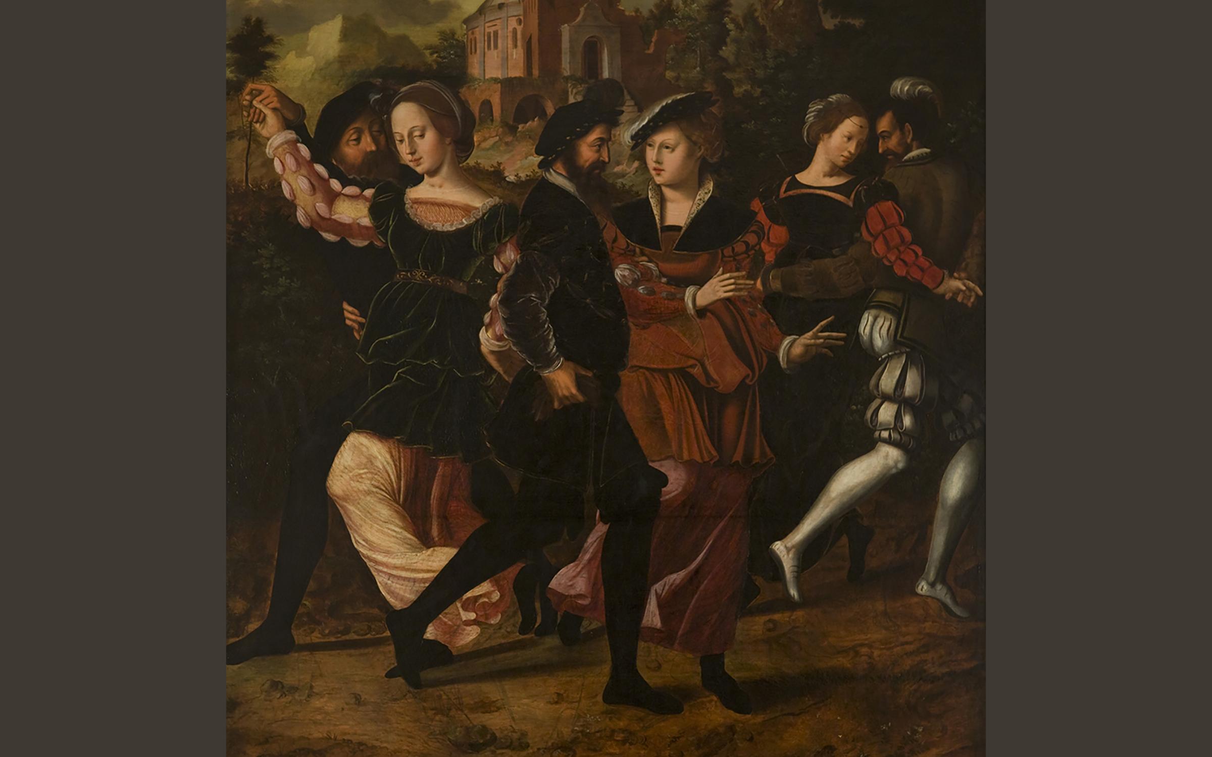 Ambrosius Benson, (ca. 1495-1550), Flemish, Elegant Couples Dancing in a Landscape, ca. 1545, oil on panel, purchased with funds from Mrs. Howard J. Stoddard in honor of John Preston Creer and Mary Elizabeth Brockbank Creer, UMFA1976.016