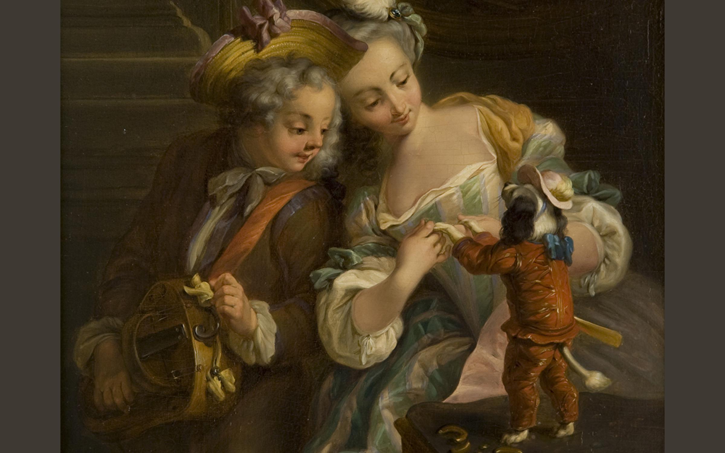 Charles Dominique Eisen, (French, 1720-1778), Le chien dansant (The Dancing Dog), ca. 1740-1778, oil on panel, 9x7 5/8 in., gift of Val A. Browning, The Val A. Browning Memorial Collection of 500 Years of European Masterworks, UMFA1993.034.009