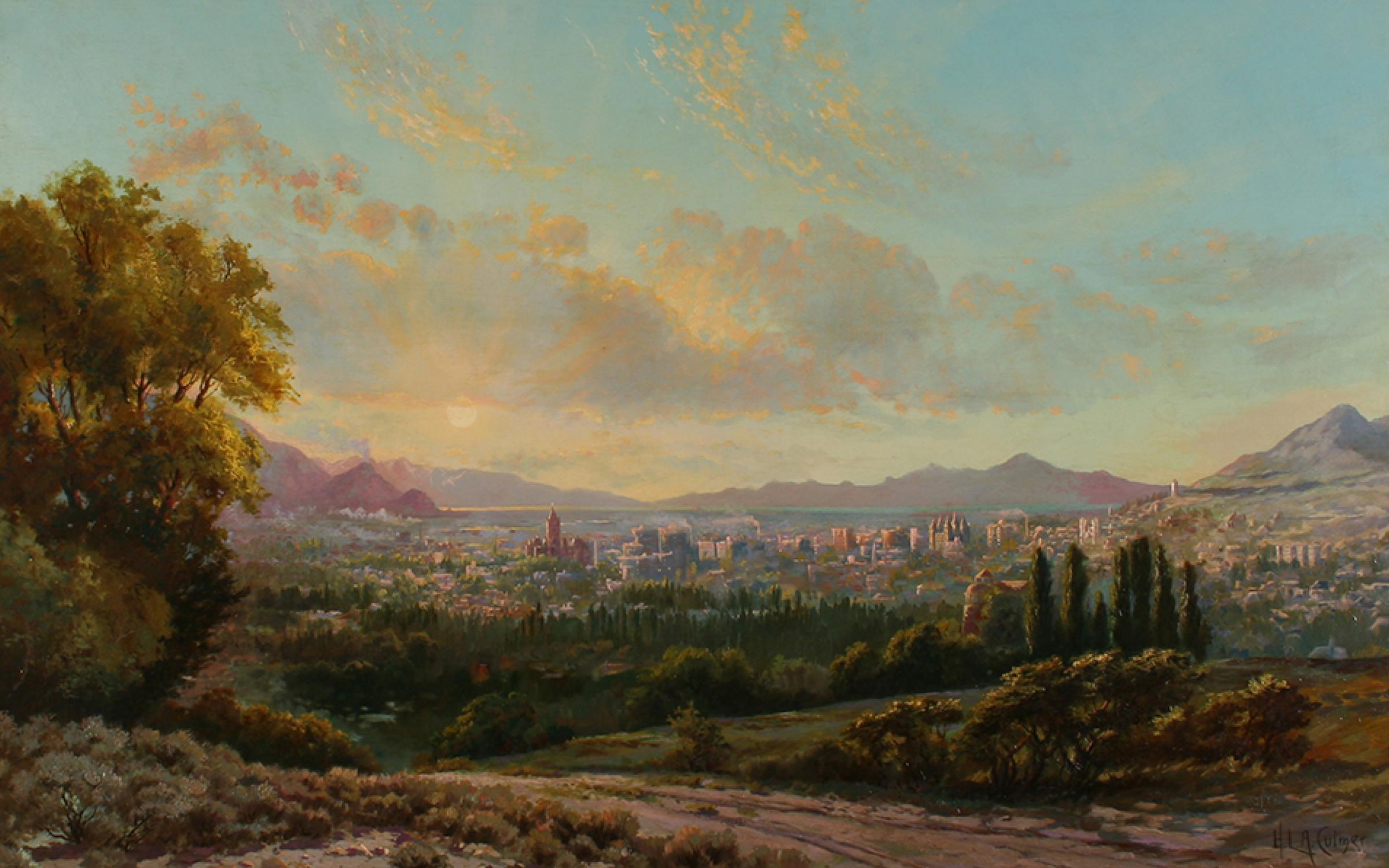 Henry L.A. Culmer, (American, 1854-1914), View of Salt Lake Valley, ca. 1911-1914, oil on canvas, gift of Joseph J. Palmer, Wayne G. Petty, the heirs O. Wood Moyle III and James H. Harwood by exchange, UMFA2011.18.1