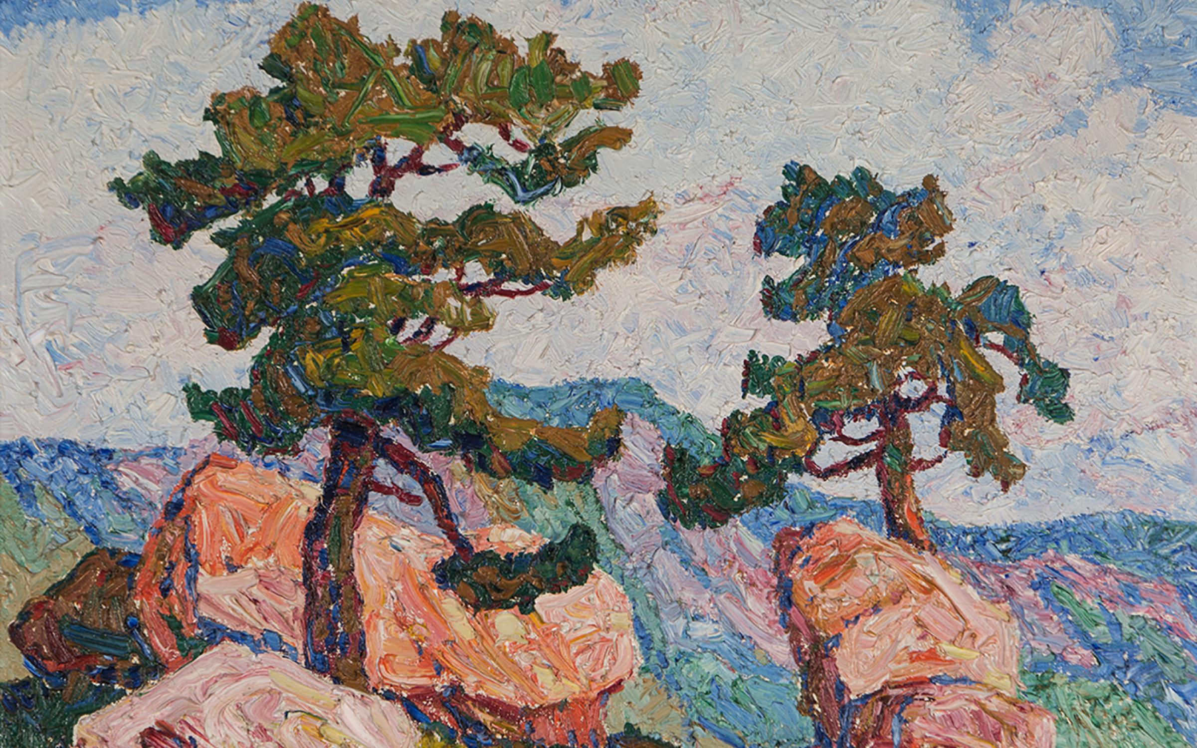 Sven Birger Sandzén, (American, born Sweden, 1871-1954), Two Pines. Manitou, Colorado, 1921, oil on canvas, 17 1/8 x 23 7/8 in., gift of Mr. and Mrs. J.D. Stewart, UMFA2017.4.1. Sven Birger Sandzén, (American, born Sweden, 1871-1954), Two Pines. Manitou, Colorado, 1921, oil on canvas, 17 1/8 x 23 7/8 in., gift of Mr. and Mrs. J.D. Stewart, UMFA2017.4.1.