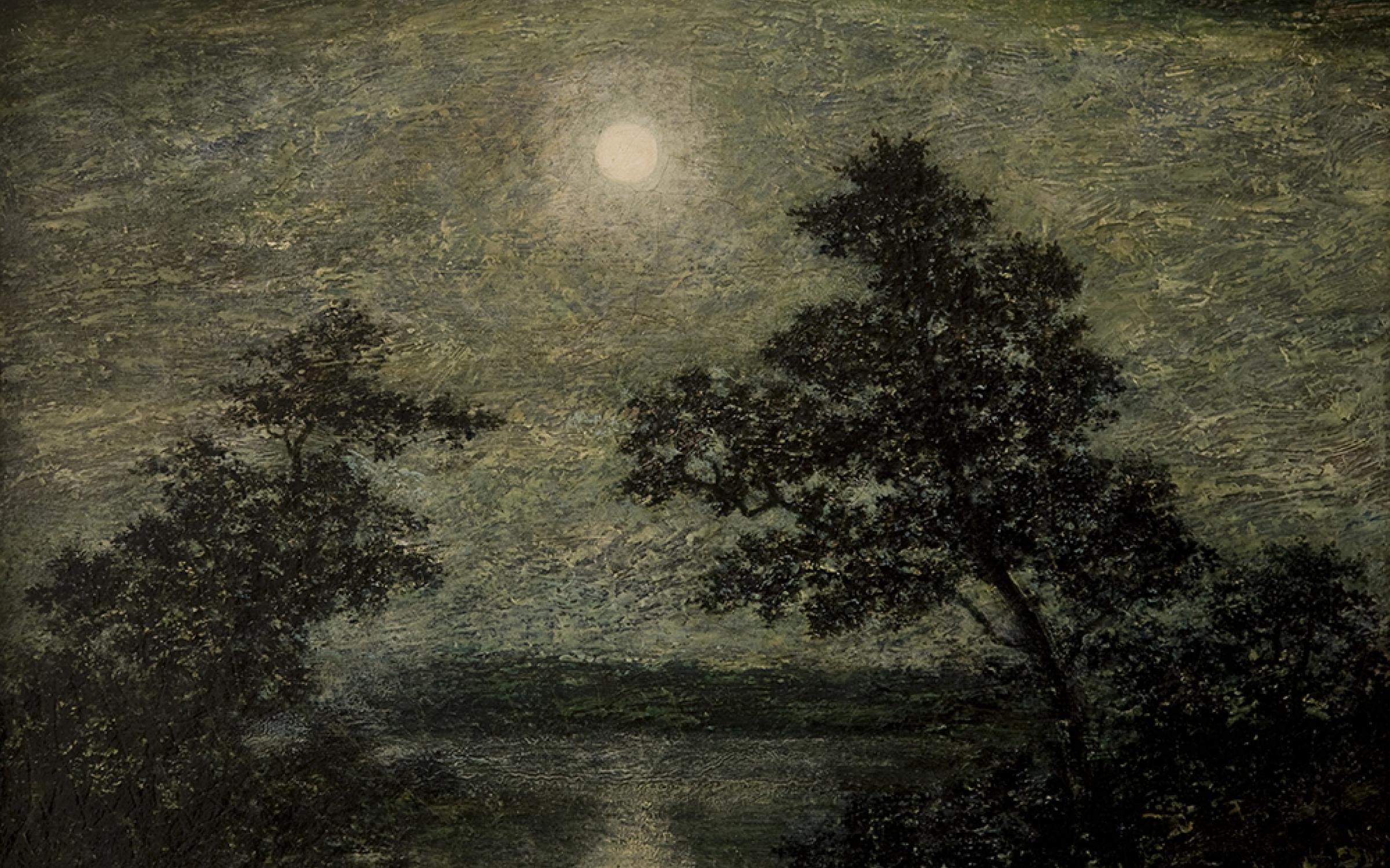 Ralph Albert Blakelock ( American, 1847-1919), Silvery Night, ca. 19th century, oil on canvas, gift of Marion Sharp Robinson, conserved with funds from the Ann K. Stewart Docent and Volunteer Conservation Fund, UMFA1953.013