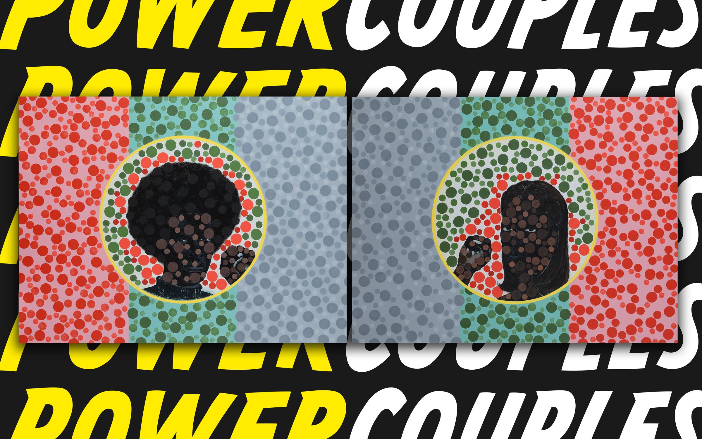 Detail floated on graphic; Kerry James Marshall (American, b. 1955) Diptych Color Blind Test, 2003, acrylic paint on MDF panels, 36 x 48 in, on loan from the Denver Art Museum, UMFAL2019.1.1 Detail floated on graphic; Kerry James Marshall (American, b. 1955) Diptych Color Blind Test, 2003, acrylic paint on MDF panels, 36 x 48 in, on loan from the Denver Art Museum, UMFAL2019.1.1