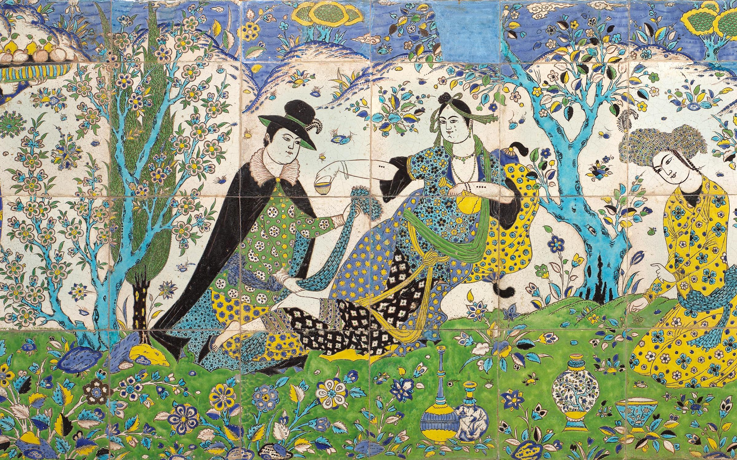 Garden Gathering (Iran, 1640-50) stonepaste, painted and polychrome glazed (cuerda seca technique) 41 x 74 in., Rogers Fund The Metropolitan Museum of Art