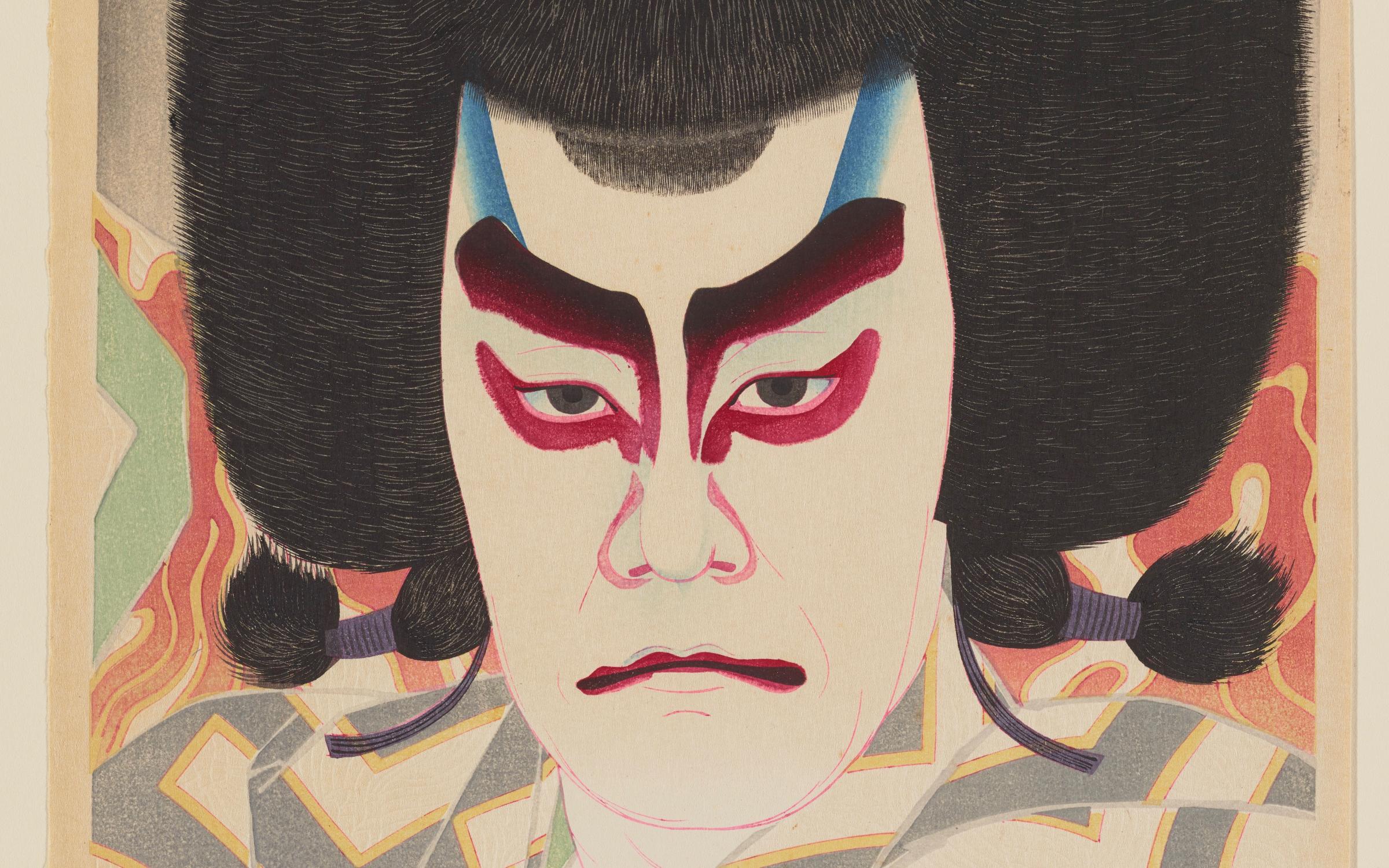 Japanese print from Seven Masters at UMFA. Natori Shunsen, The Actor Ichikawa Sadanji II as Narukami, 1926, woodblock print, ink and color on paper with mica and embossing. Published by Watanabe Shōzaburō. Photo: Minneapolis Institute of Art.