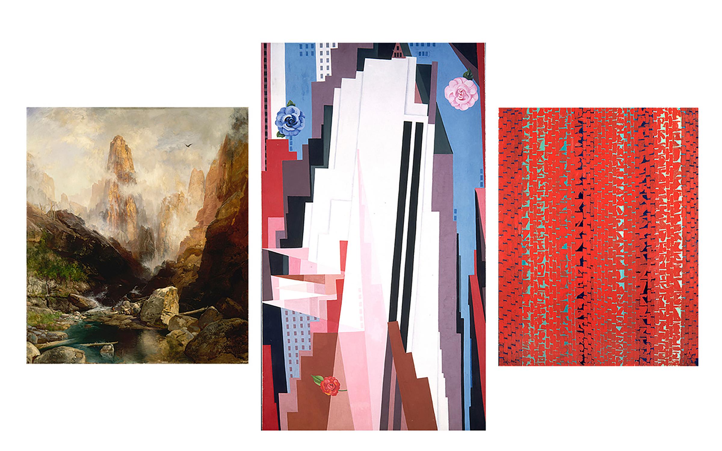 Composite image of Moran, O'keeffe and Thomas loans Paintings by Thomas Moran, Georgia O'keeffe, and Alma Thomas on loan from Smithsonian American Art Museum