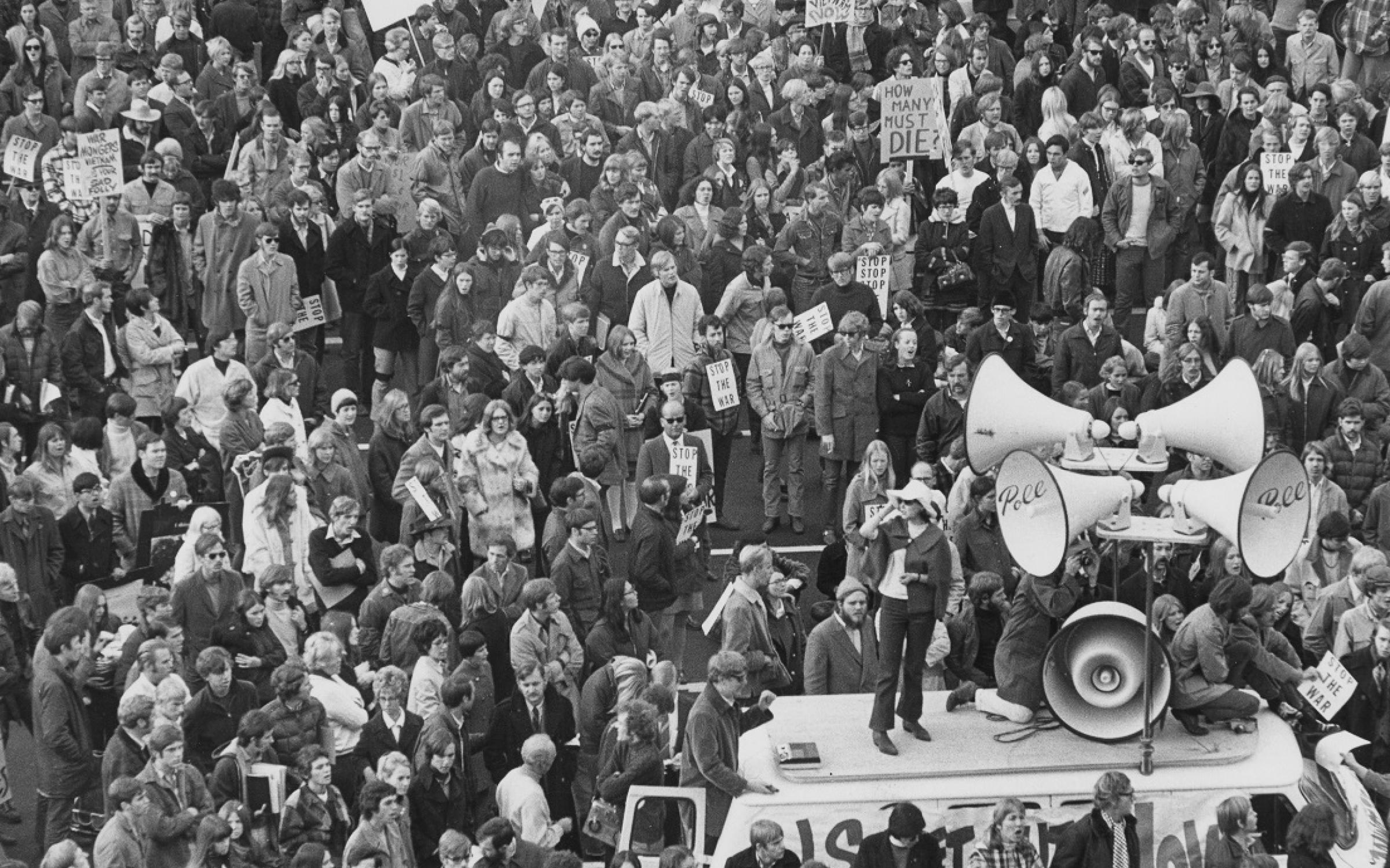 At the University of Utah, a crowd gathers in protest of the Kent State murders, May 1970. University of Utah Archival Photograph collection, P0305, Campus Life: Demonstrations. Special Collections, J. Willard Marriott Library, the University of Utah. At the University of Utah, a crowd gathers in protest of the Kent State murders, May 1970. University of Utah Archival Photograph collection, P0305, Campus Life: Demonstrations. Special Collections, J. Willard Marriott Library, the University of Utah.
