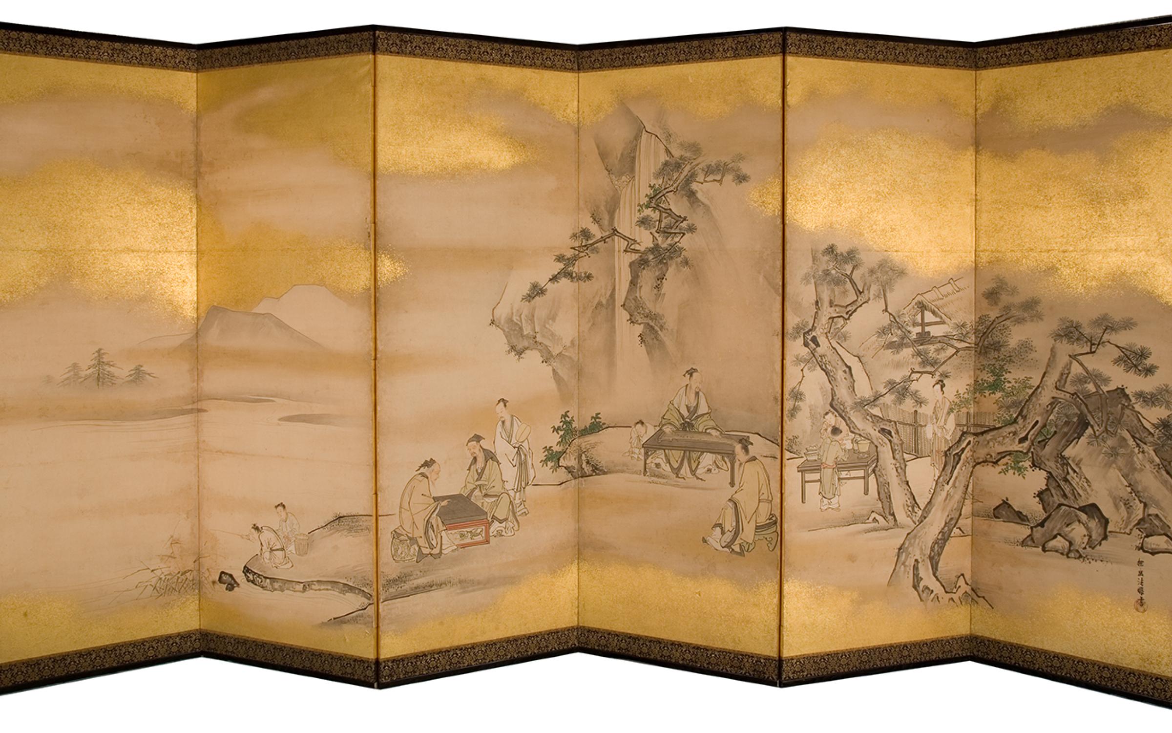 Kano Tanyu, Six-Panel Screen Depicting a Musician and Go Players, UMFA1999.38.6 