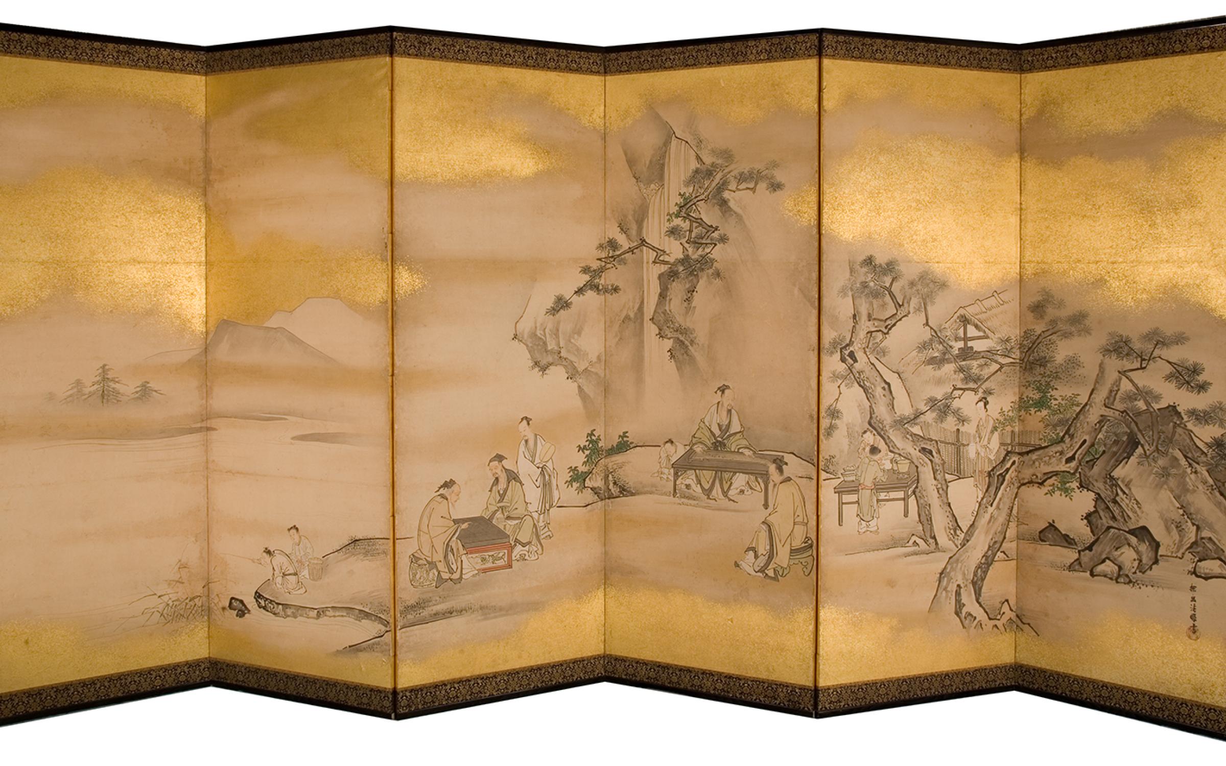 Kano Tanyu, Six-Panel Screen Depicting a Musician and Go Players, UMFA1999.38.6 Kano Tanyu, Six-Panel Screen Depicting a Musician and Go Players, UMFA1999.38.6