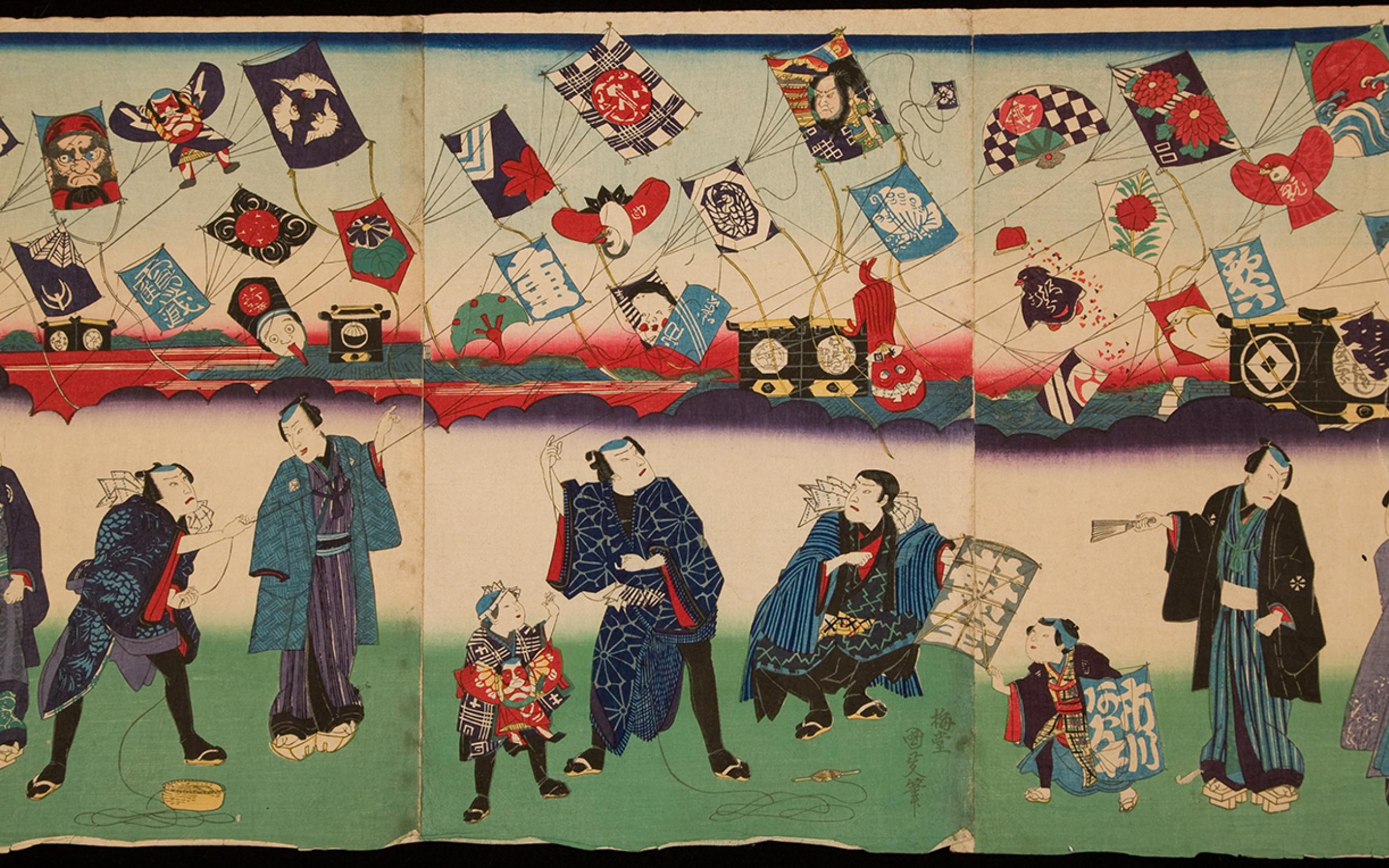 Utagawa Kunisada II, Kabuki Stars rising in popularity like kites, UMFA2011.12.3 Utagawa Kunisada II, Kabuki Stars rising in popularity like kites, UMFA2011.12.3