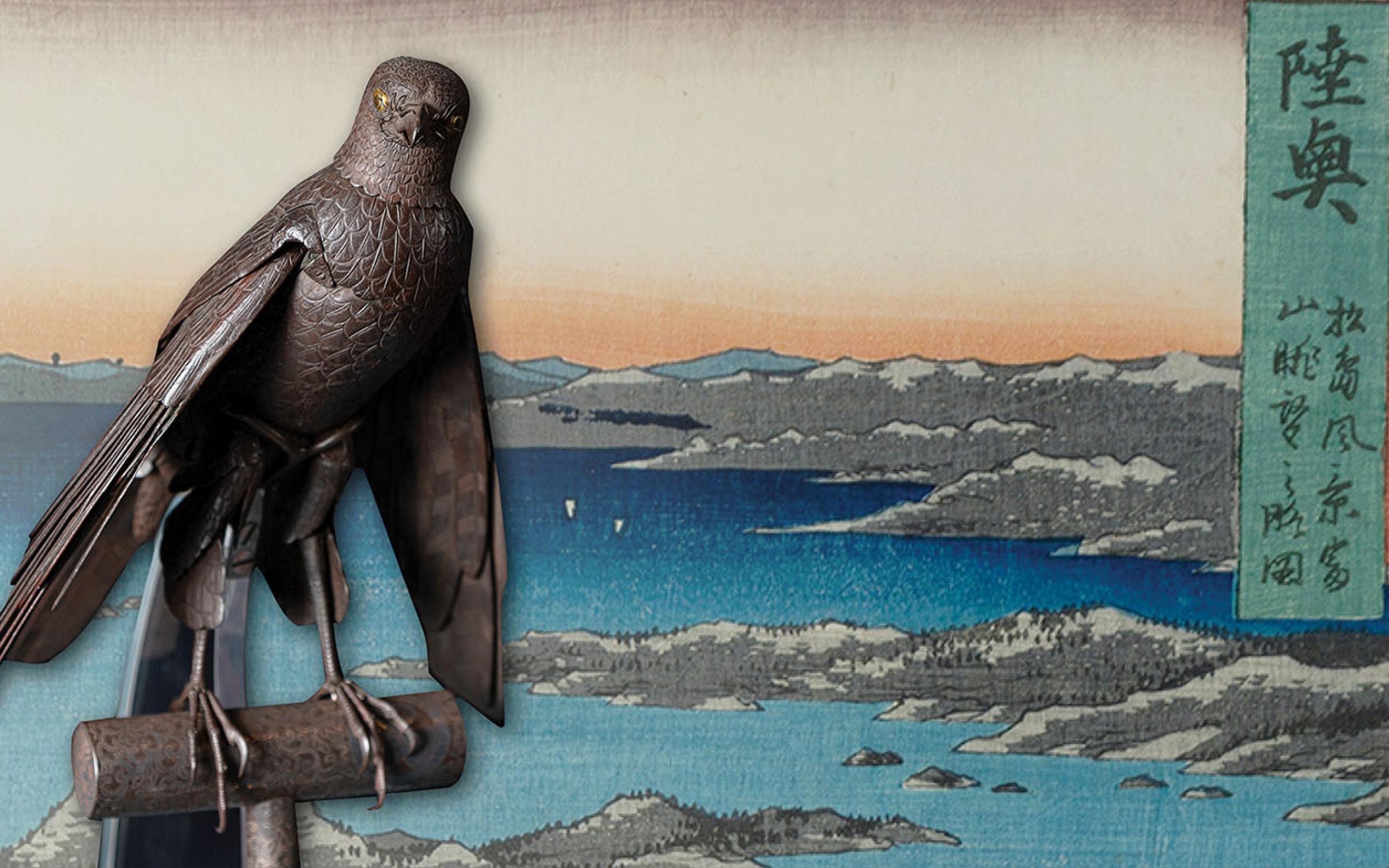 Art of Japan web Japanese print of a sea shore and with gray hills with a metal raptor sculpture cut out on top