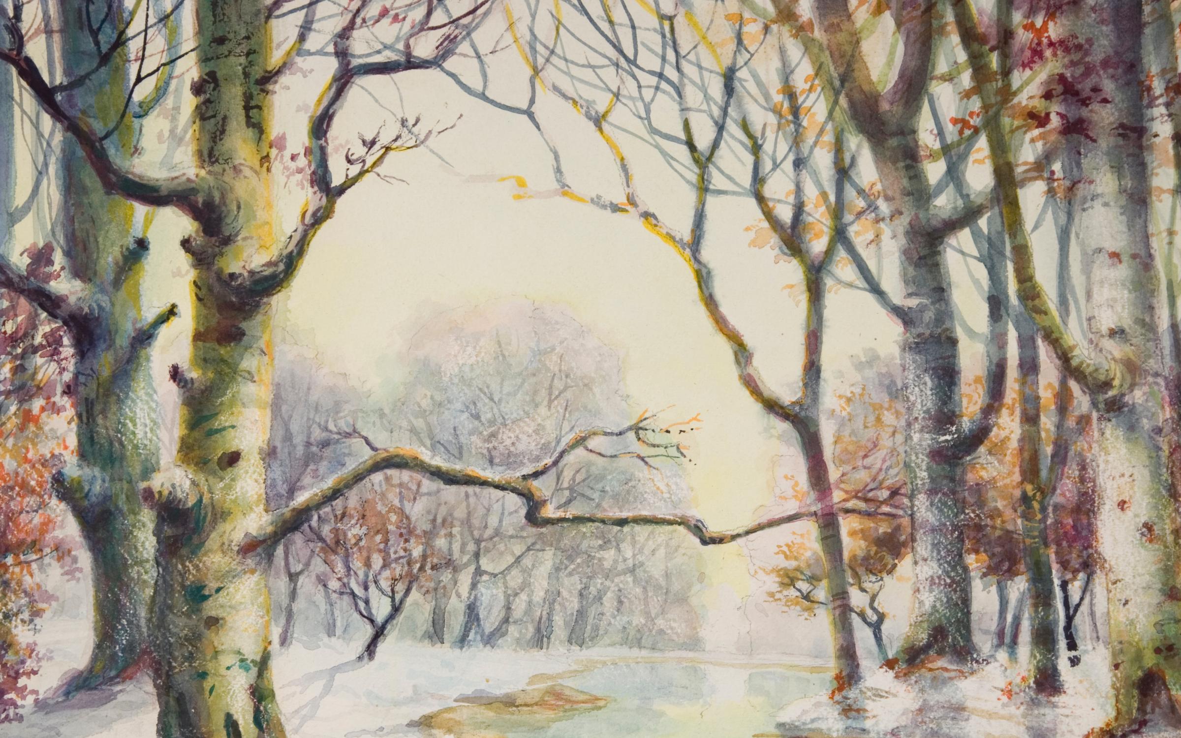 a painting of a snowy aspen tree forest with a river running through