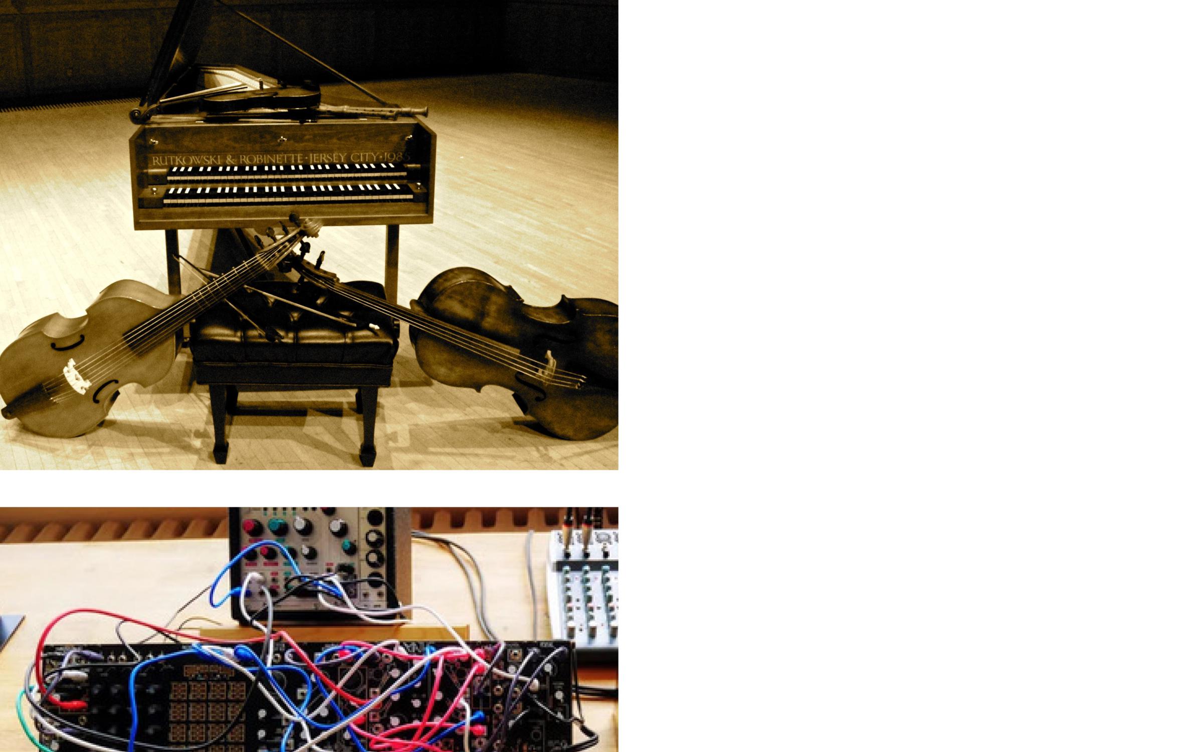 Two images stacked, on top an image of a piano with a cello leaning against the bench on stage on bottom an over head view of a sound board with red and blue wires 