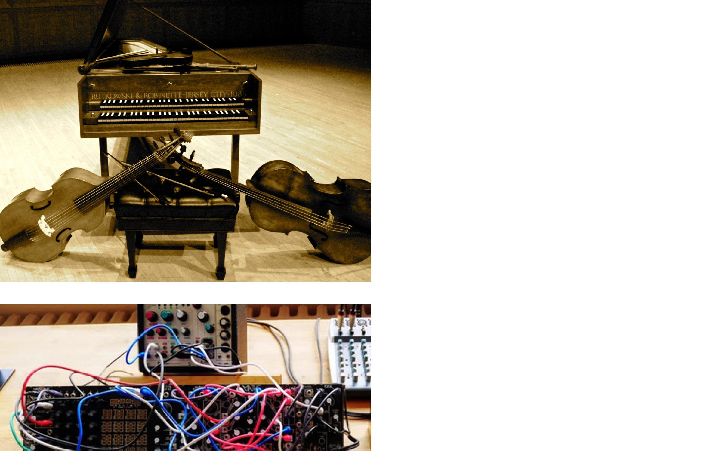 sight and sound November 2021 Two images stacked, on top an image of a piano with a cello leaning against the bench on stage on bottom an over head view of a sound board with red and blue wires