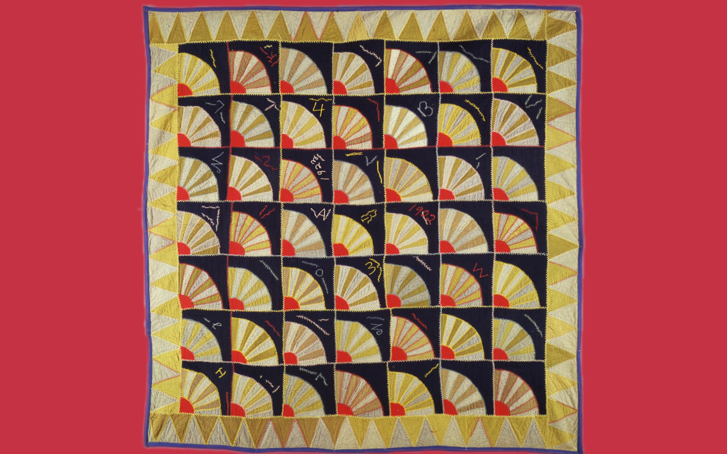 Artist Unknown (Minnesota), Fans Quilt, 1922–23, rayon, wool, and army uniform wool with embroidery, image courtesy of the American Folk Art Museum, fift of Margaret Cavigga, photographer unidentified. A photo of a large quilt with fans that are gold, red, and black.