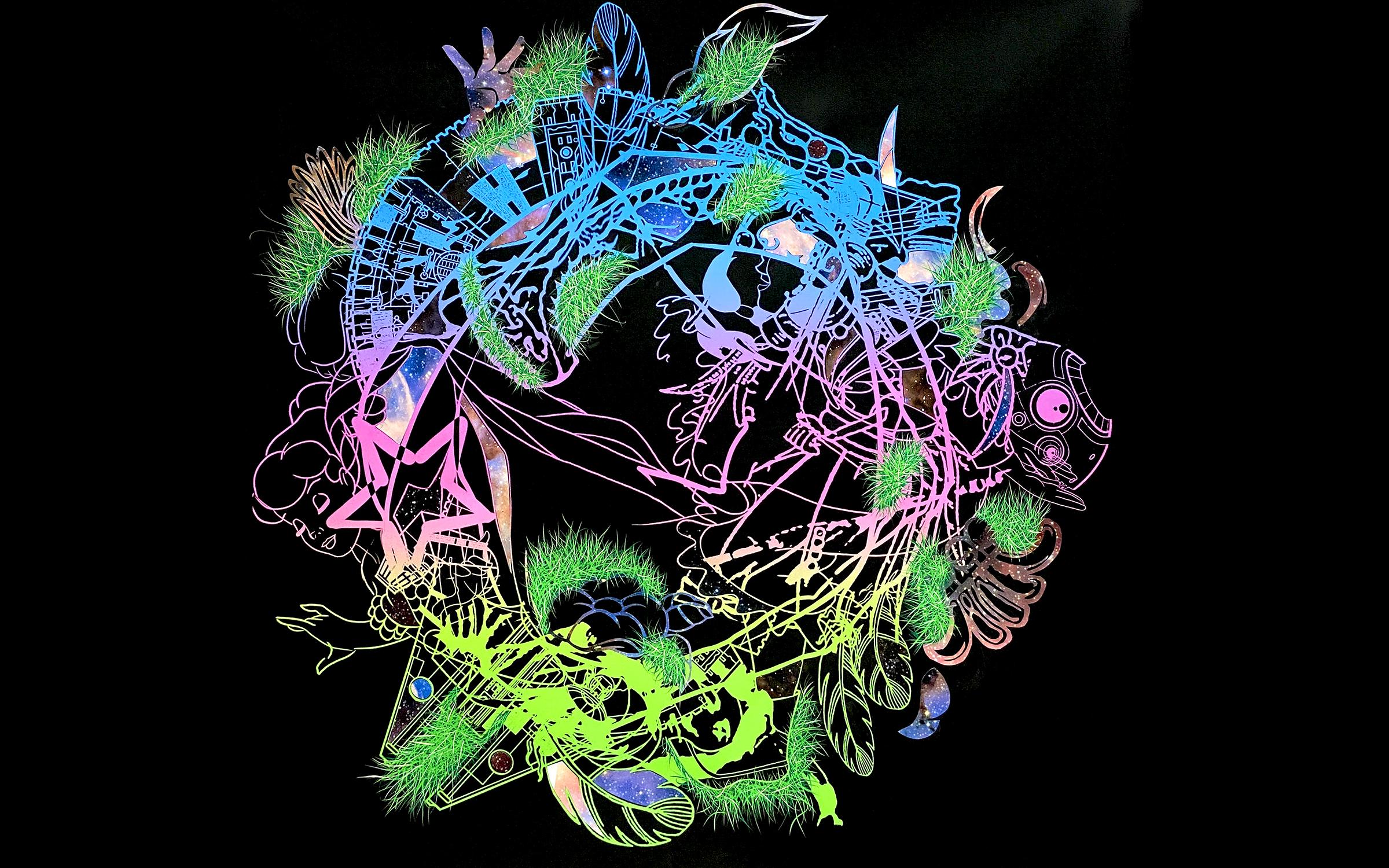 a swirling circle of symbols and lines in bright blues, pinks and greens on black background 