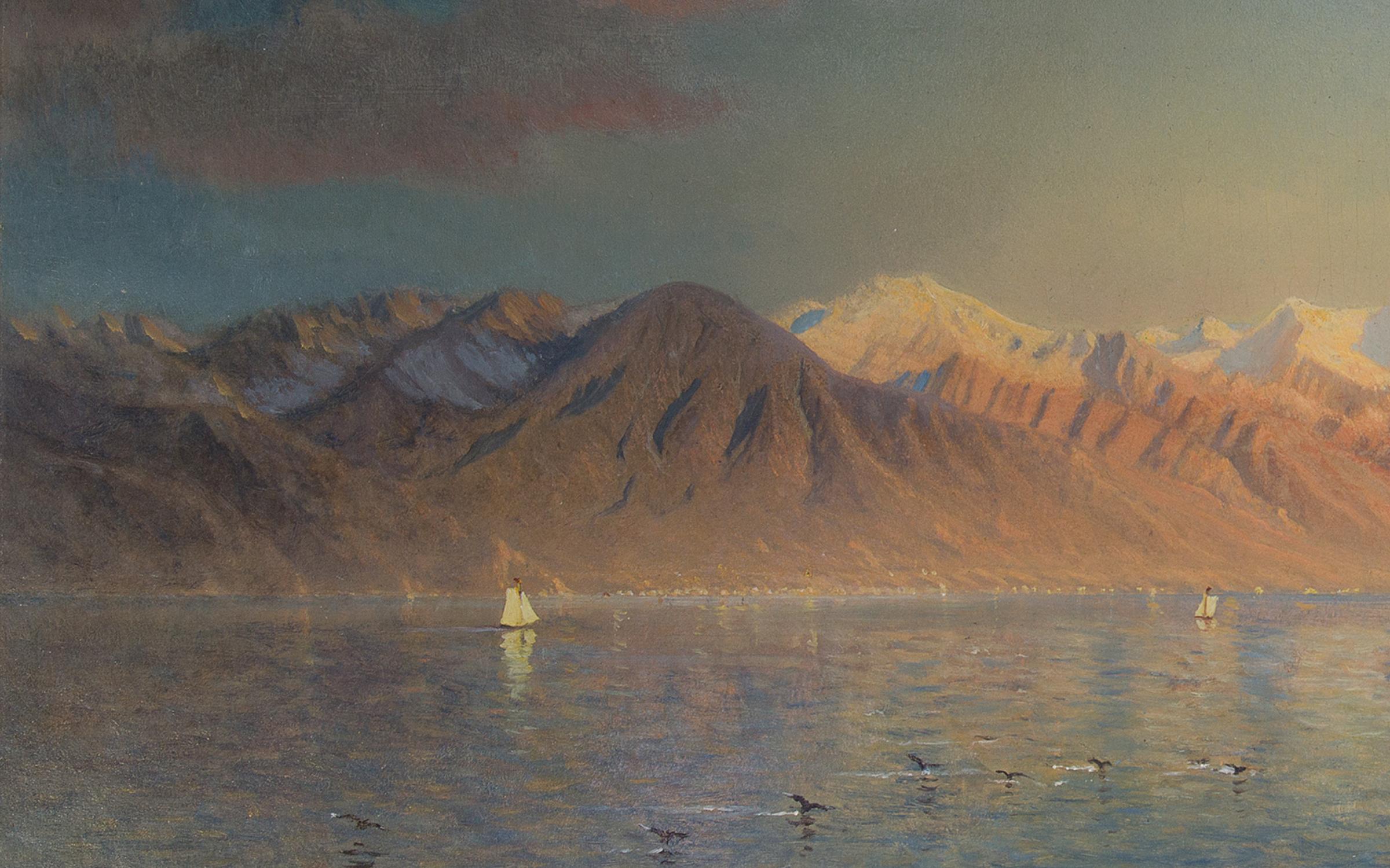A painting of brown snow capped mountains with a blue lake and flying birds.