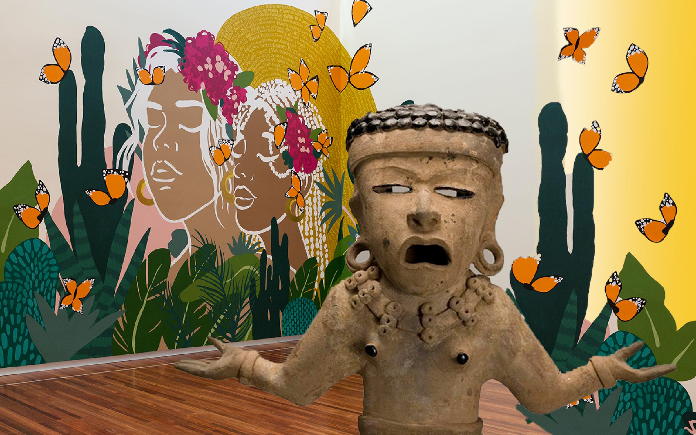 Ella Rises Standing Woman composite the UMFA great hall with a mural of teo women in profile surrounded by lush greenery and Monarch Butterflies, a Mezo-American statue of a women with her out to her side with palms up in offering