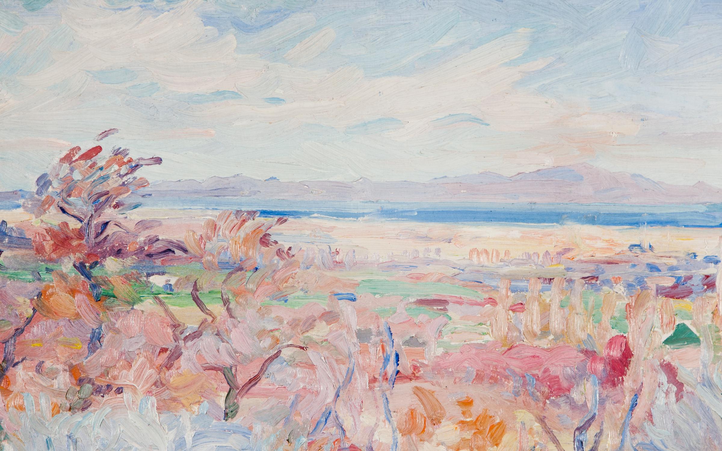 Antelope Island, Waldo Park Midgley American, 1888–1986 Pari-bi-na, mid 20th century, Oil on Masonite Gift of Van Midgley, UMFA2013.4.2 A pastel colored painting of Antelope Island