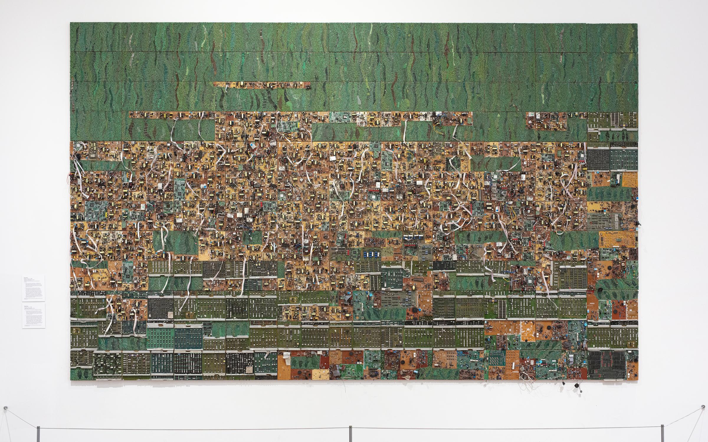 Tightrope: Noiseless 1 by Elias Sime a large green collage of e-waste materials