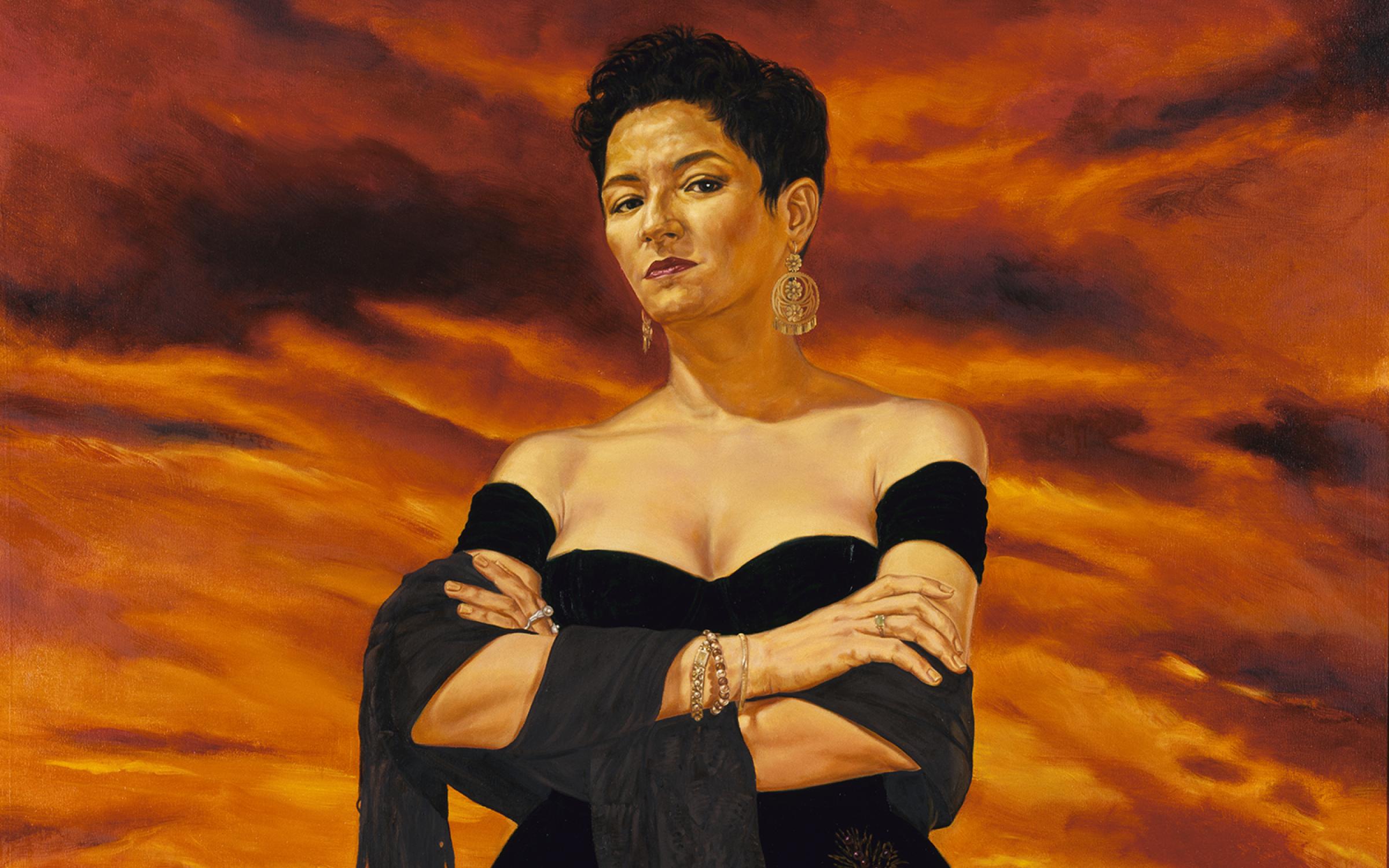 A painting of a  latina woman standing against an ominous red sky, her arms are folded acroos her chest and she slooks down towards the viewer, she is wearing a black off the shoulder gown. 