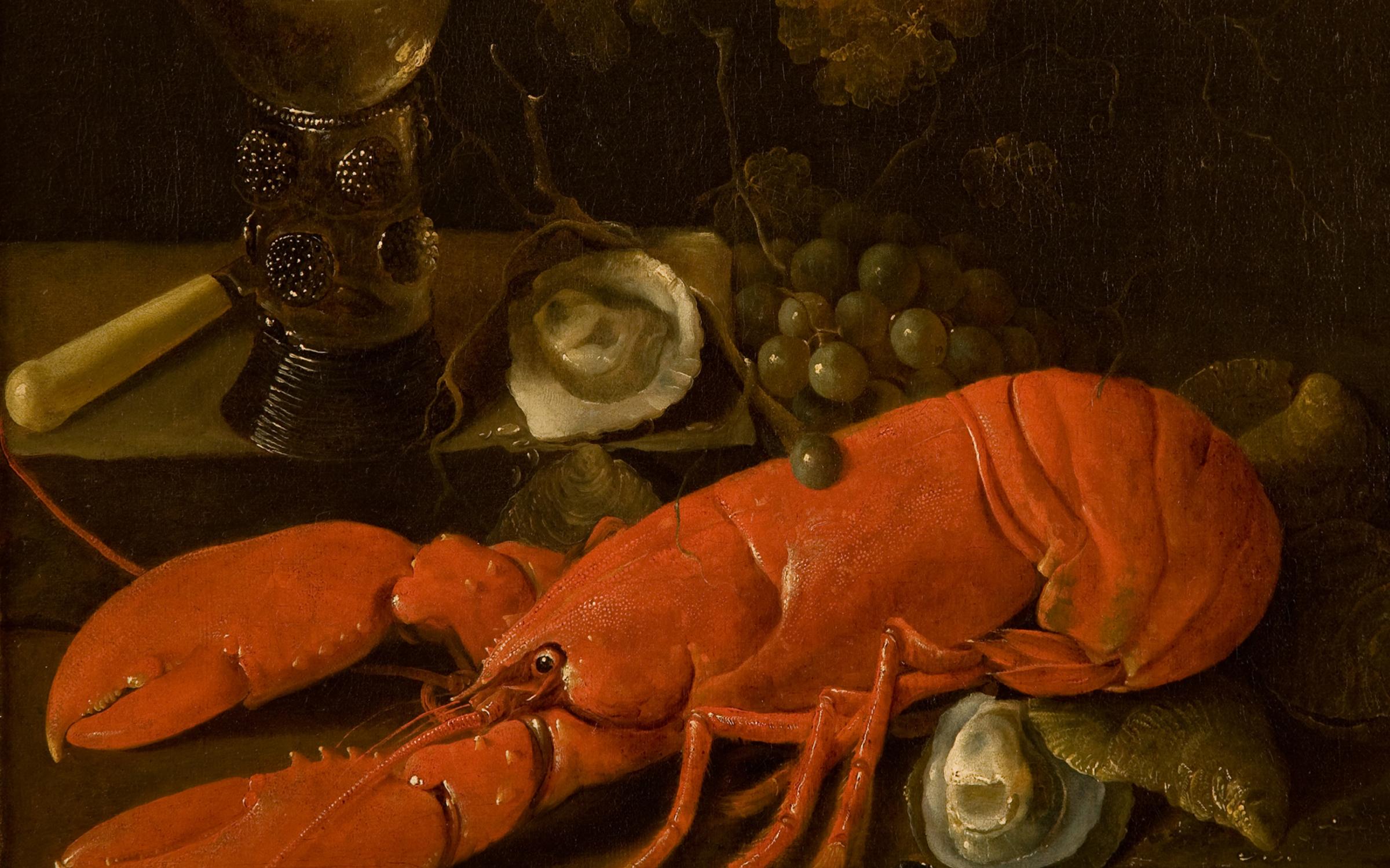 Still Life with a Lobster, Römer, Oysters, Grapes, and a Knife A large red lobster still life painting