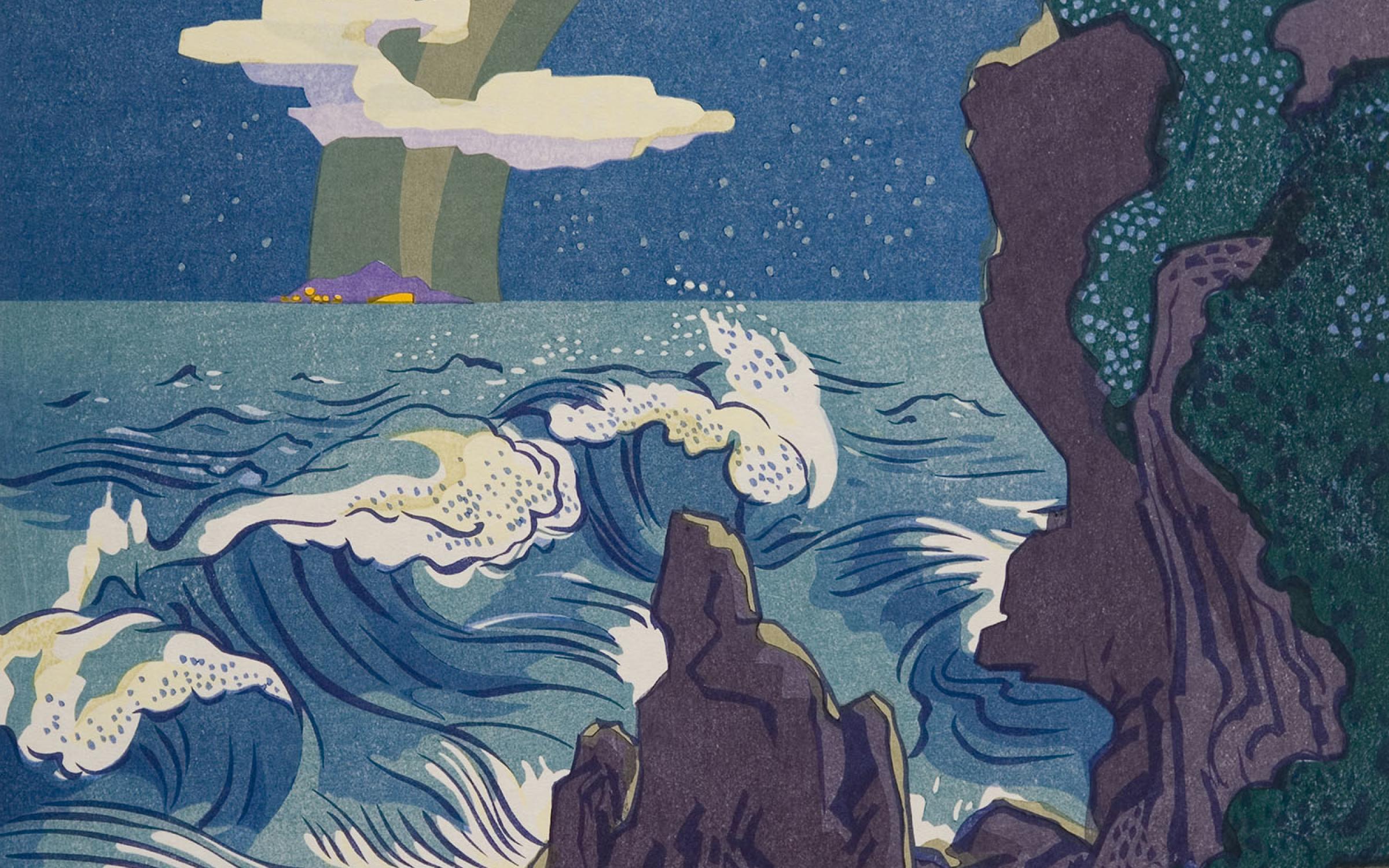 a print of purple craggy shorline with white-peaked waves cresting towards the rocks. The is a single cloud with a moon beam arching behind it in a blue star-speckeled sky