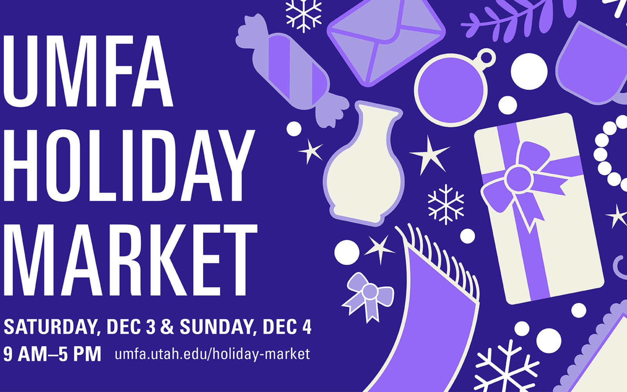 UMFA Holiday Market on purple background with holiday themed icons on the right side