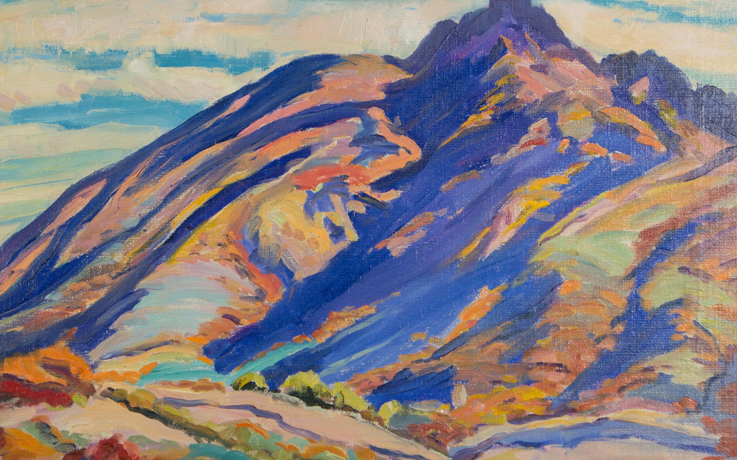 BLUFF SHADOWS A multi rainbow painted mountain view with a blue sky and white clouds.