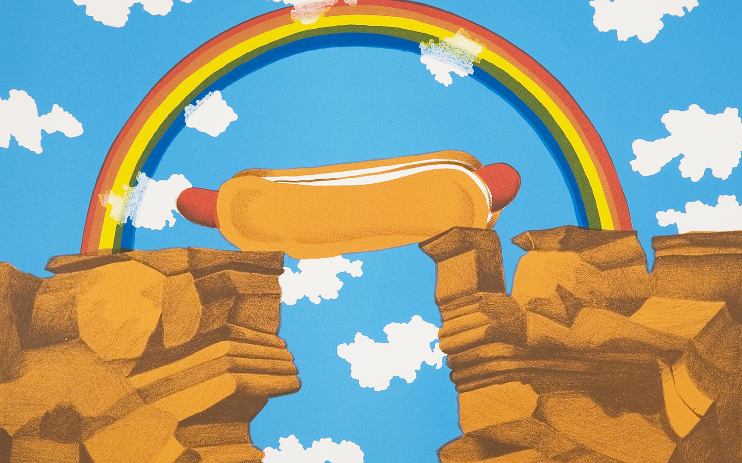 an illustration id a giant hot dog acting as a bridge between two red rock cliffs. There is a rainbow arching over the hot dog in a blue sky with scattered fluffy white clouds.