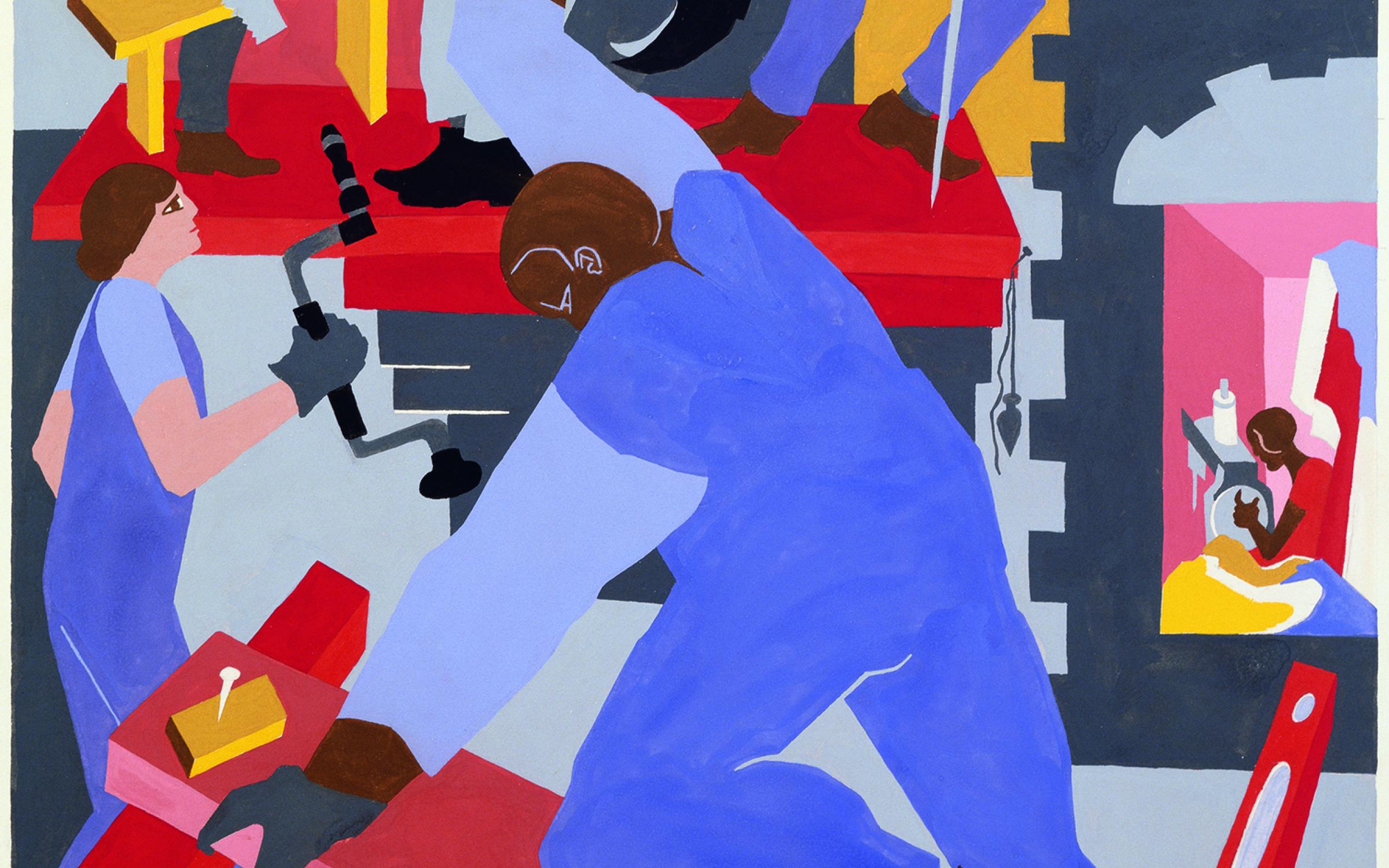 a graphic print with strong geometric lines of a man in blue overalls in motion hammering a nail into a board. The composition is all in primary colors. 