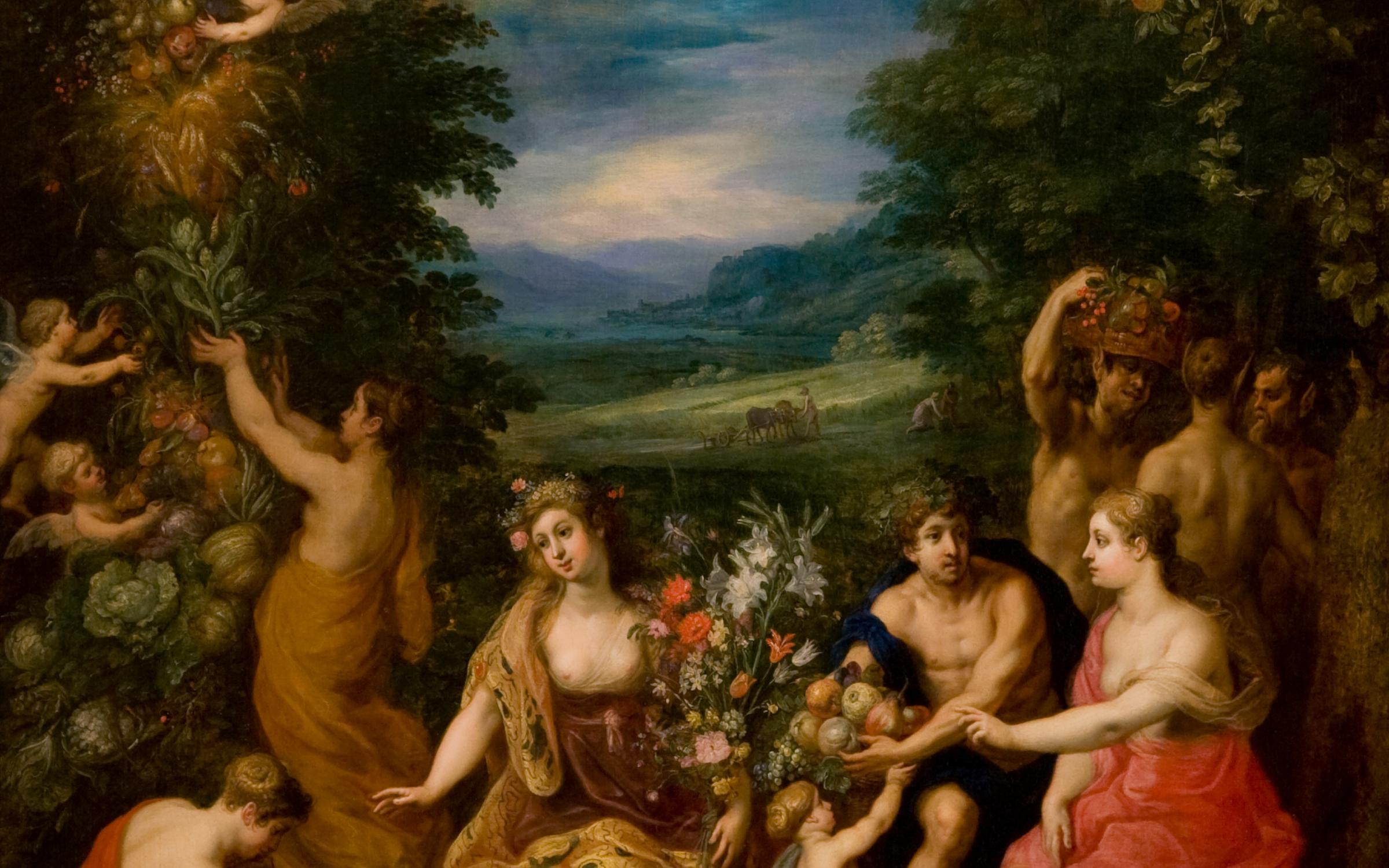 A European painting with men and women in loose robes with fruit and flowers.