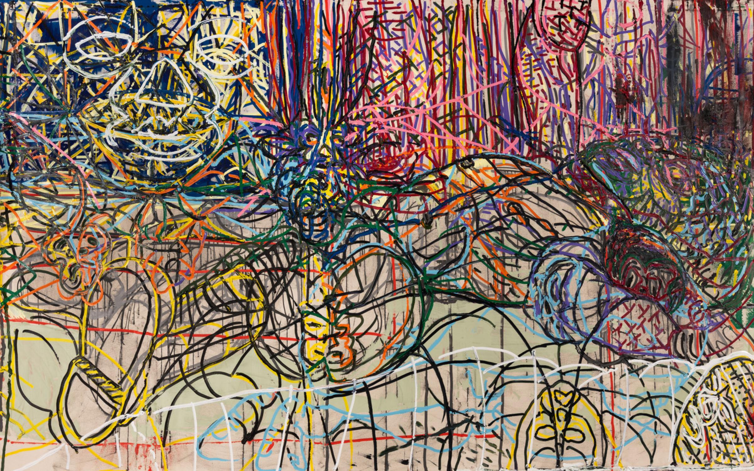 V. MALDONADO An abstract painting of black, yellow, pink lines.