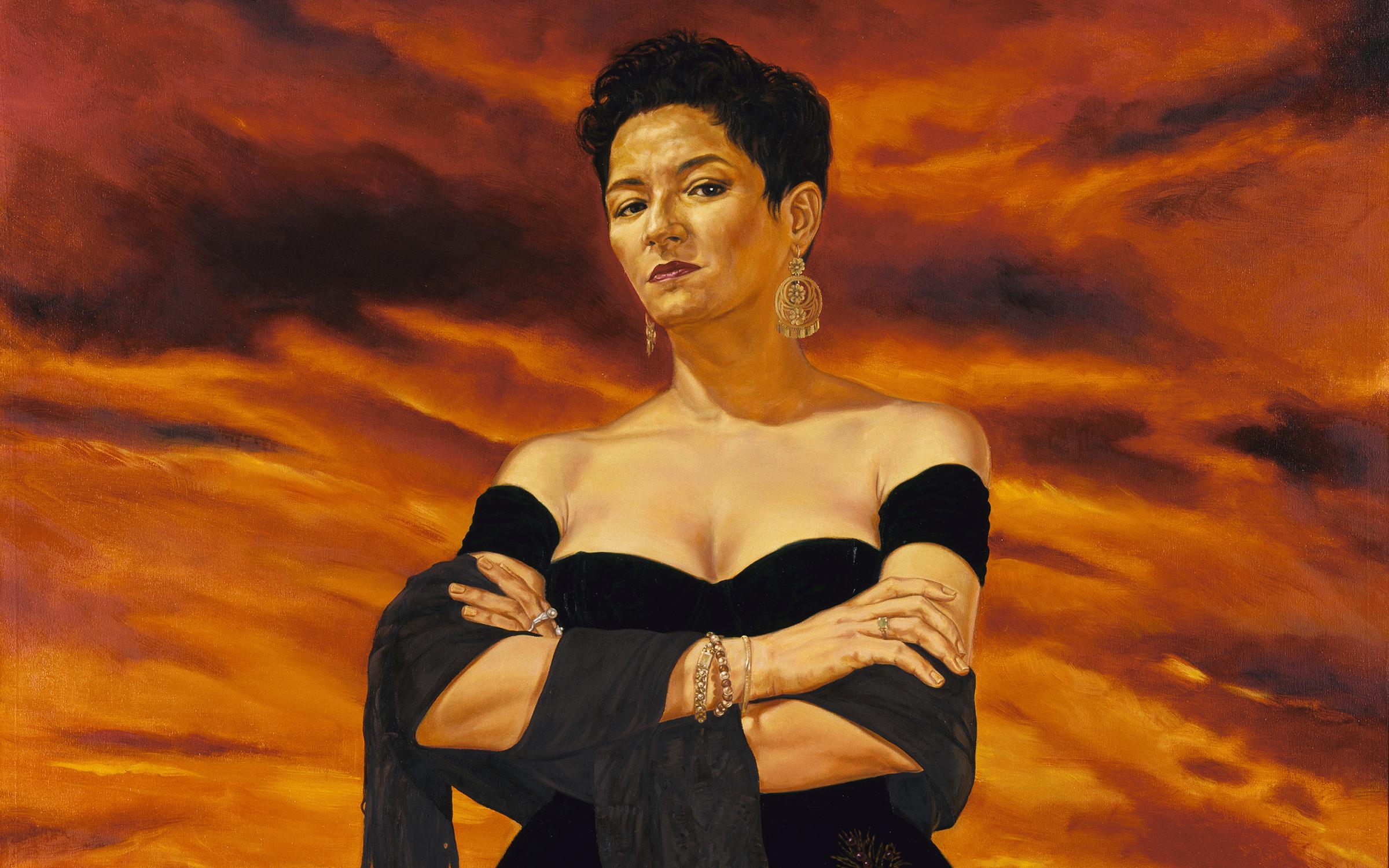 an oil painting of a woman with short hair wearing a fancy off the shoulder balck dress her arms are folded across her chest and is looking slightly down towards the viewer with a stern gaze there is a red cloudy sky behind her