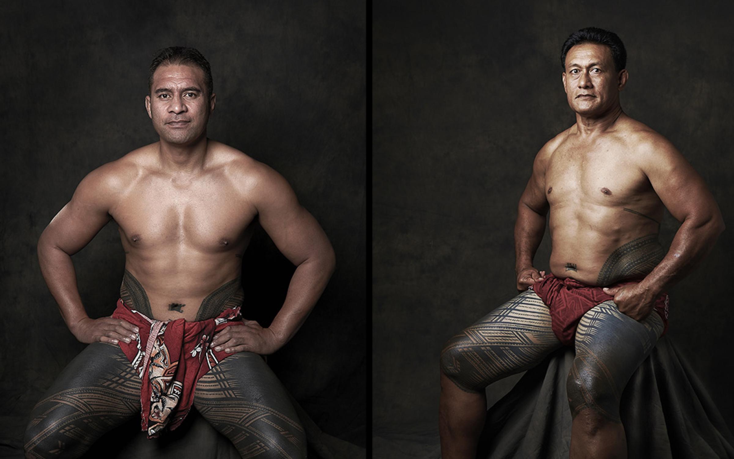 Two portraits side by side of Samoan men posing seated in a studio in front of plain gray backdrop. Both men are wearing a traditional red hued wrap around third midsection with their hands on their hips that have traditional tatau covering their legs. 