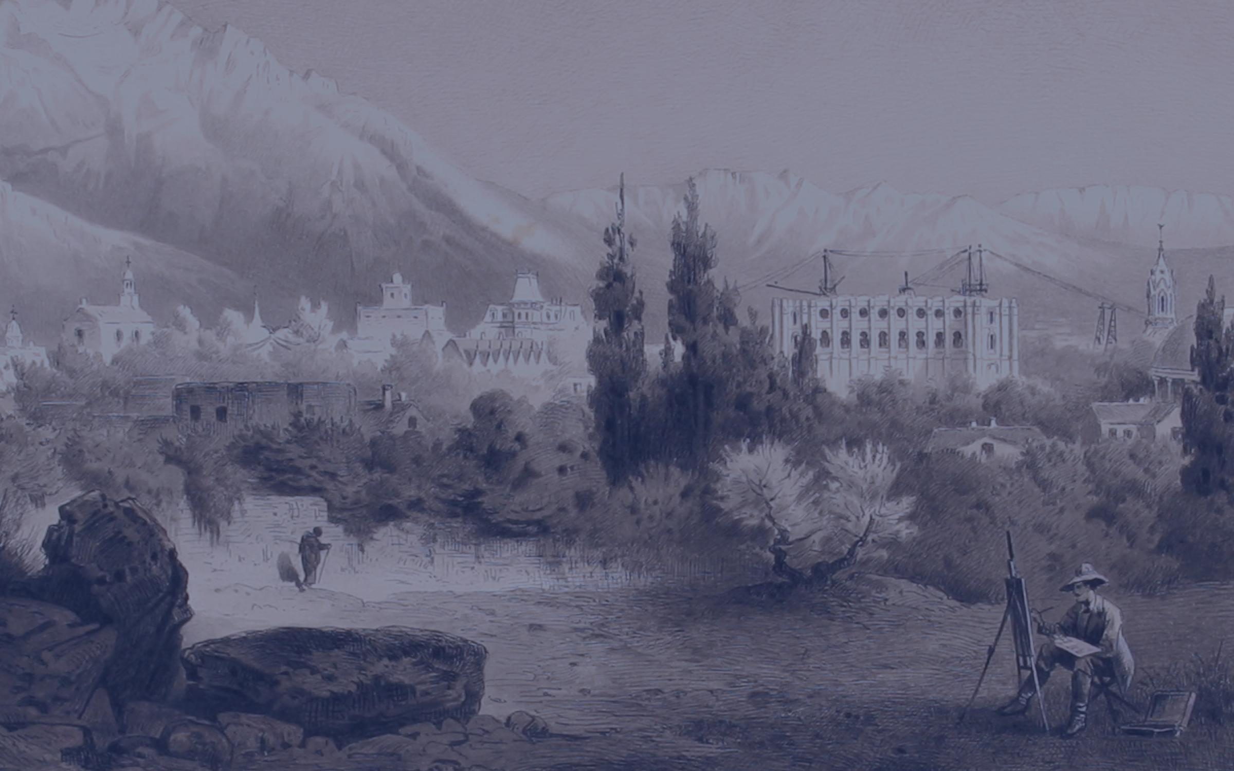 SALT LAKE CITY, SHOWING CONSTRUCTION OF THE MORMON TEMPLE A black and white painting with a man painting of SLC