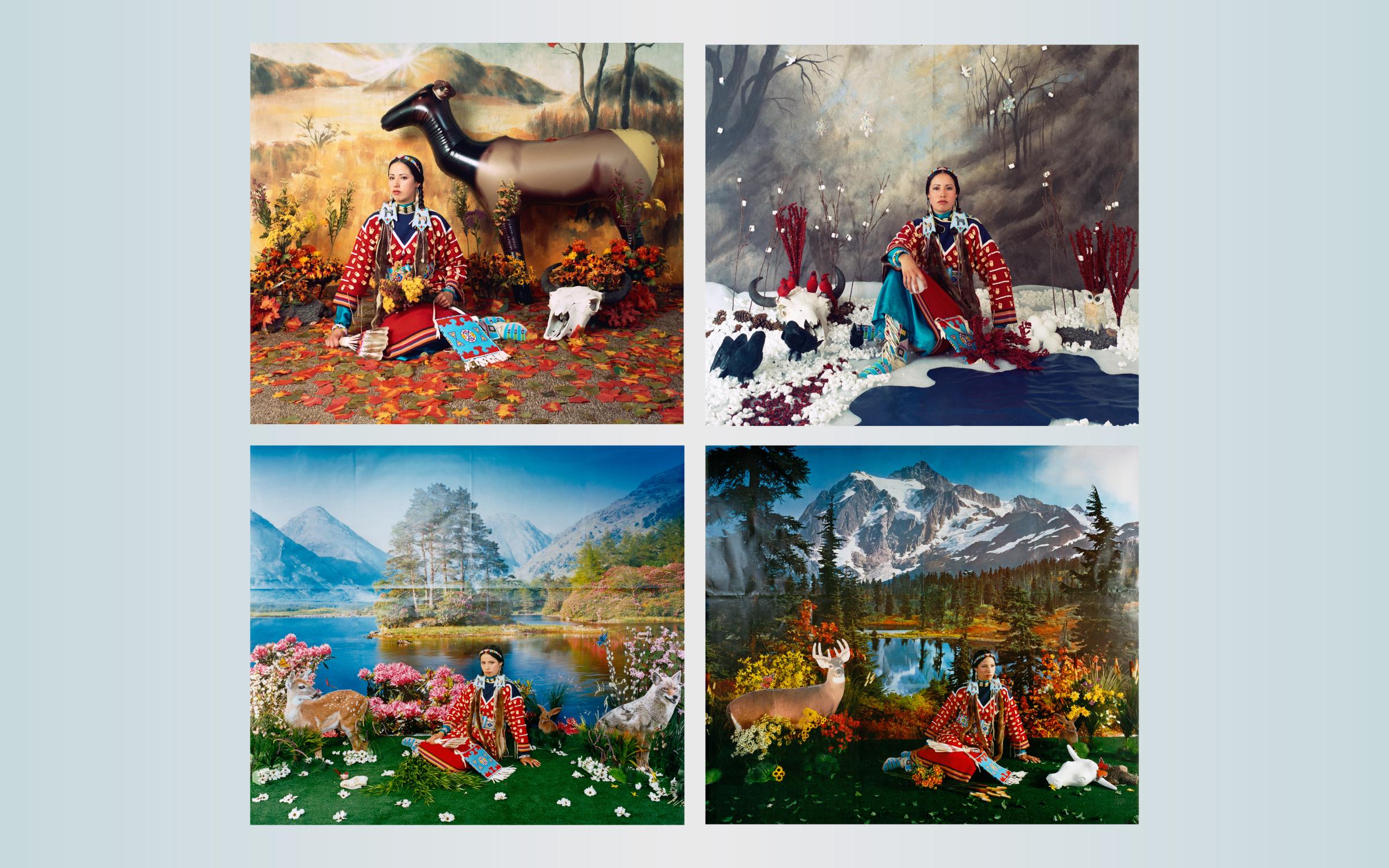 Four multimedia images of an Indigenous woman in traditional dress on four different landscapes of four different seasons.