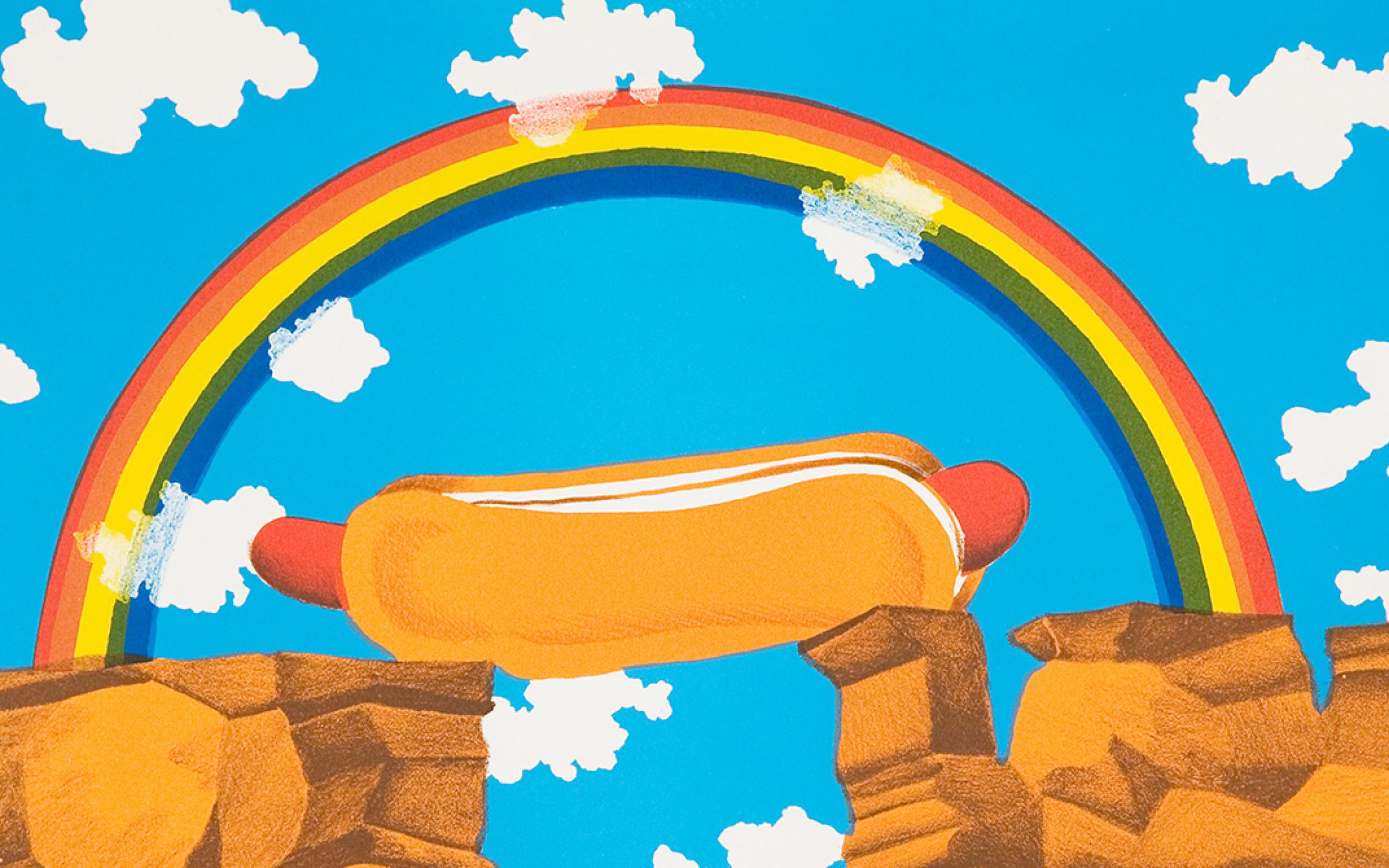 Hot Dog Bridge by Russel T. Gordon A bright hot dog between two cliff with a rainbow above