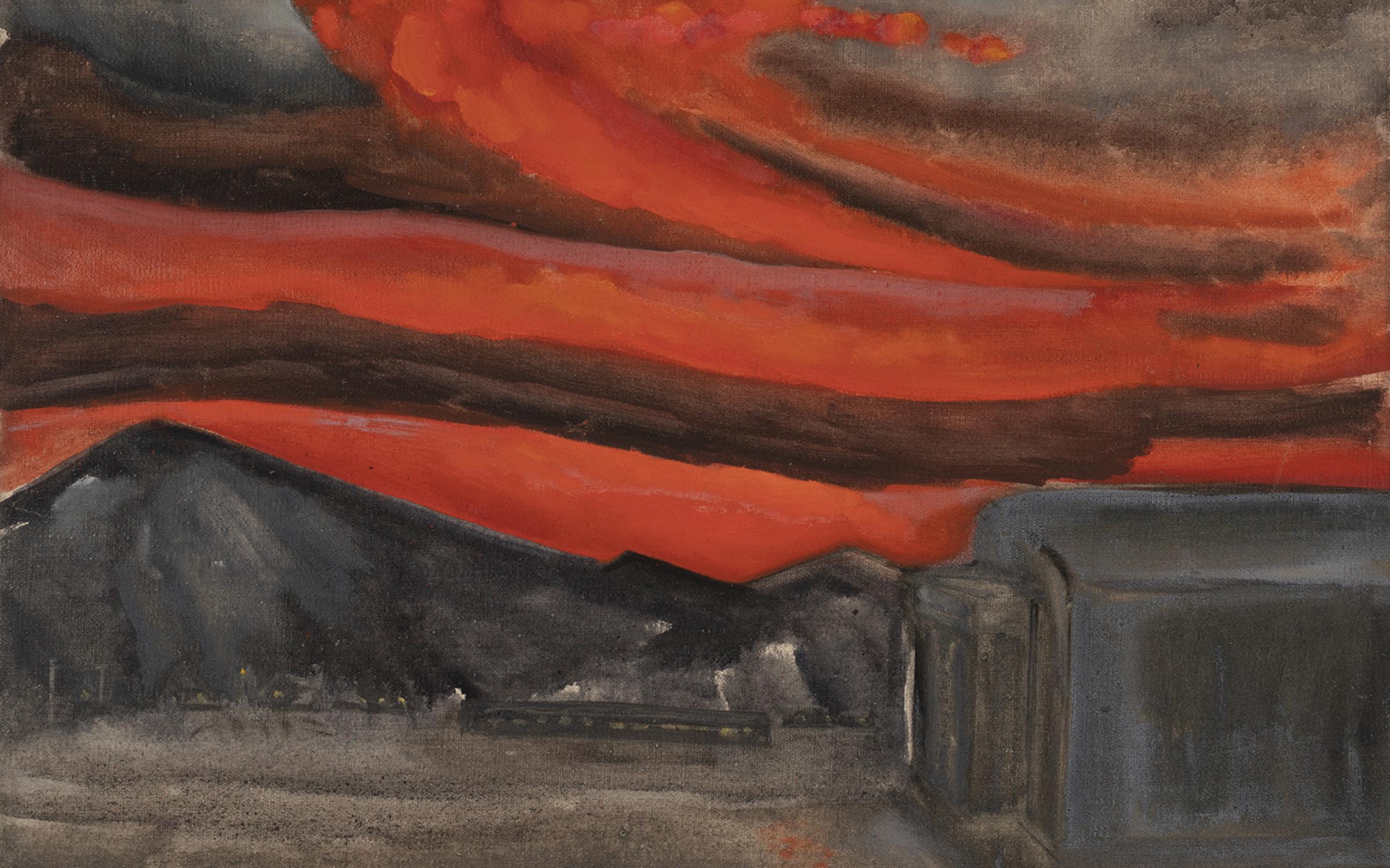 a painting of an interment camp wtih rows of wood shacks leading into a gray desert there is a red, stormy sky above