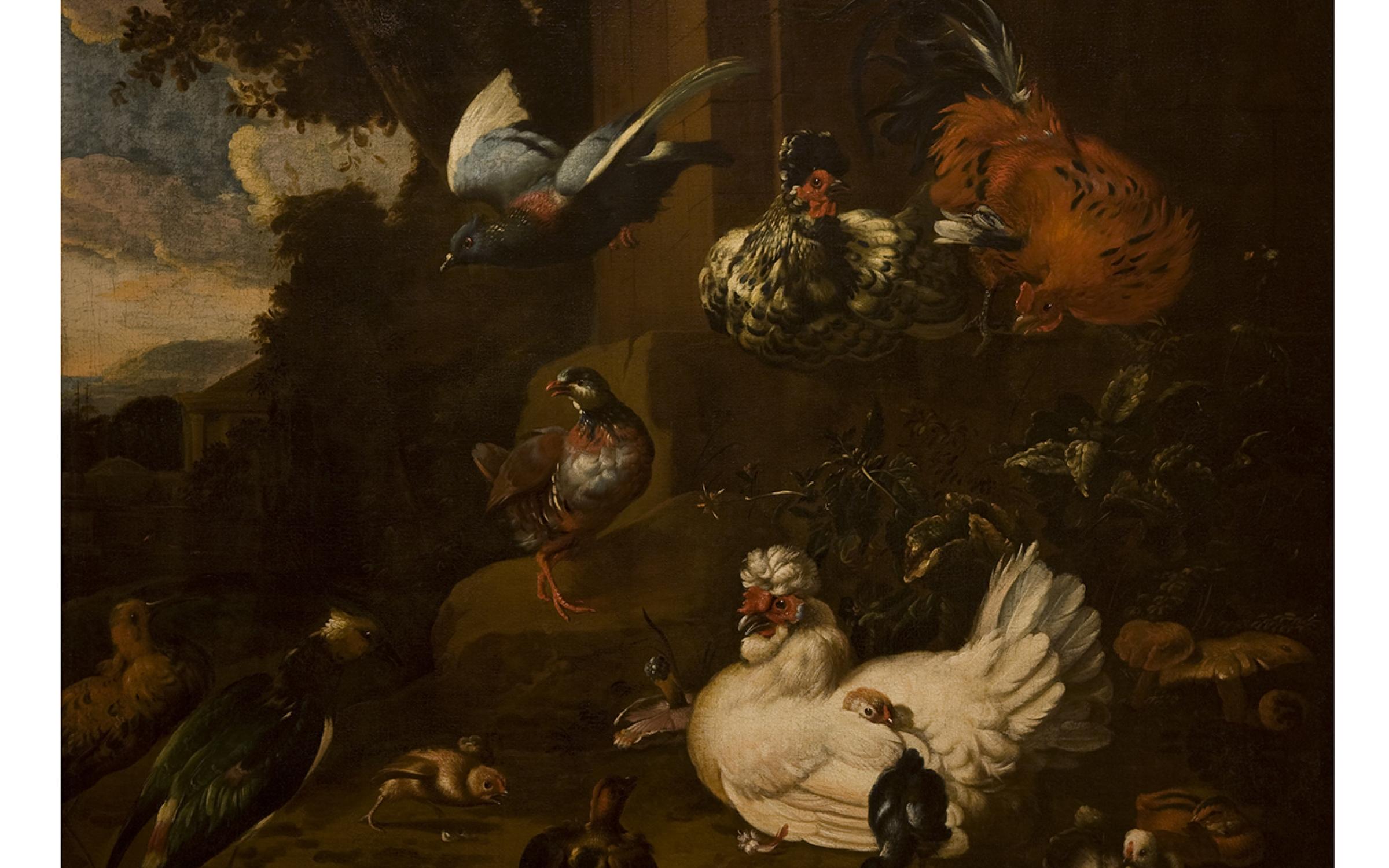 A painting of chickens and pigeons