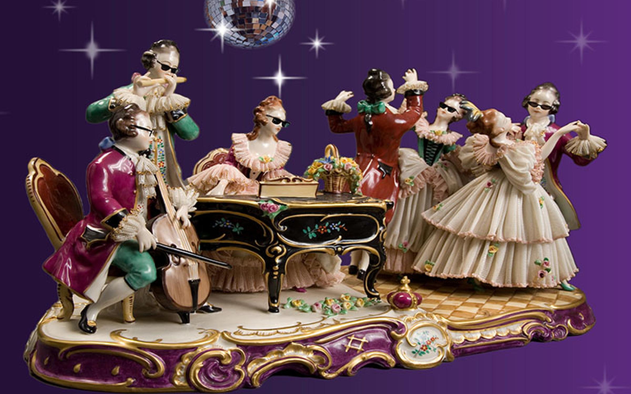 Porcelain dolls with sunglasses and fancy clothing dance around a piano under a disco ball in front of a purple background