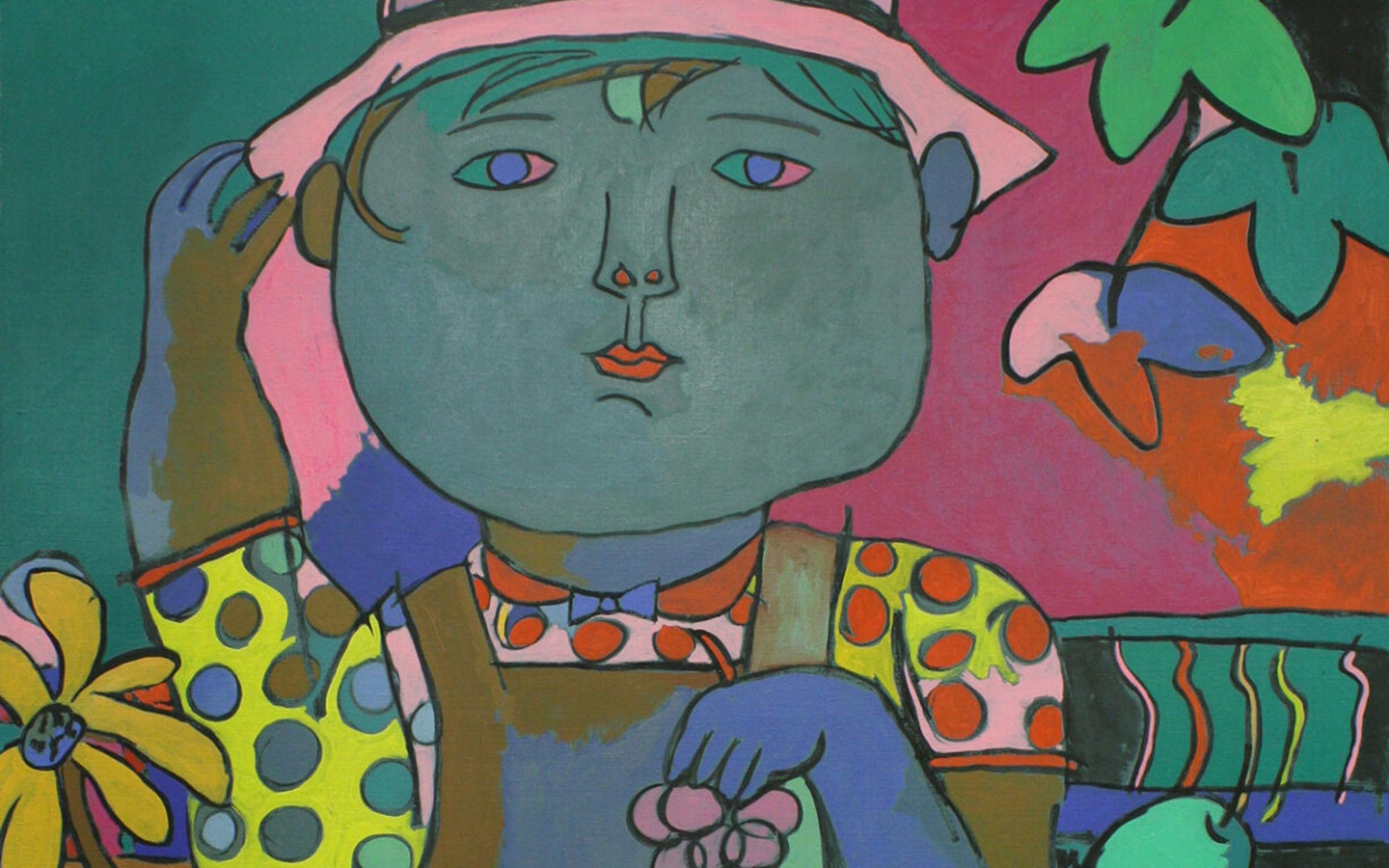 Pictures of Belonging Preview Party A colorful, abstract painting of a boy, holding fruit and standing behind a goat. There's a bowl of fruit to his side and flowers and leaves framing the painting.