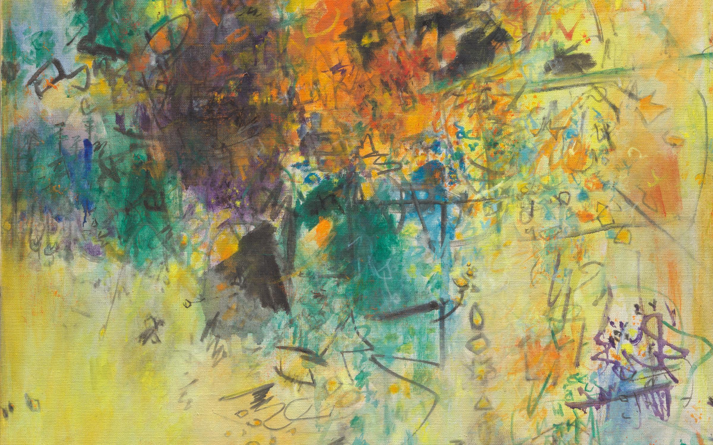 A colorful, abstract painting of splotches of blue, purple, orange and yellow. There are dark scribbles all over the canvas as well.