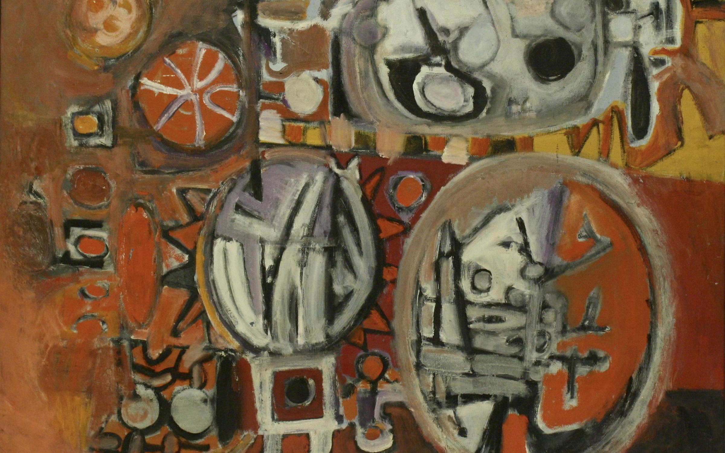 A sketched oil painting of warm-colored shapes and symbols. 